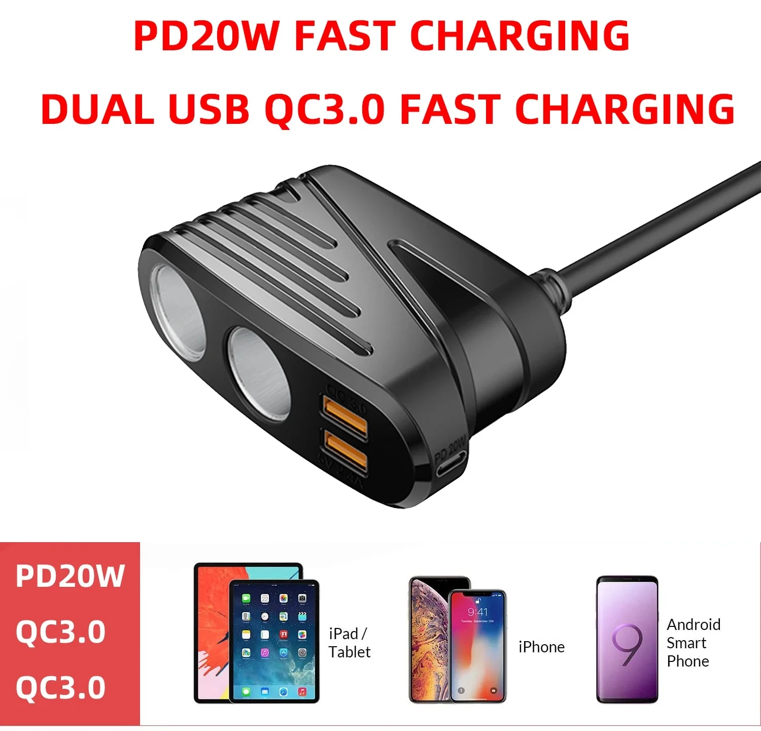 CARPURIDE Car charger mobile phone charger cigarette lighter dispenser with 2USB ports dual QC3.0 fast charging 20W USB-C Type-C charging - Image 3