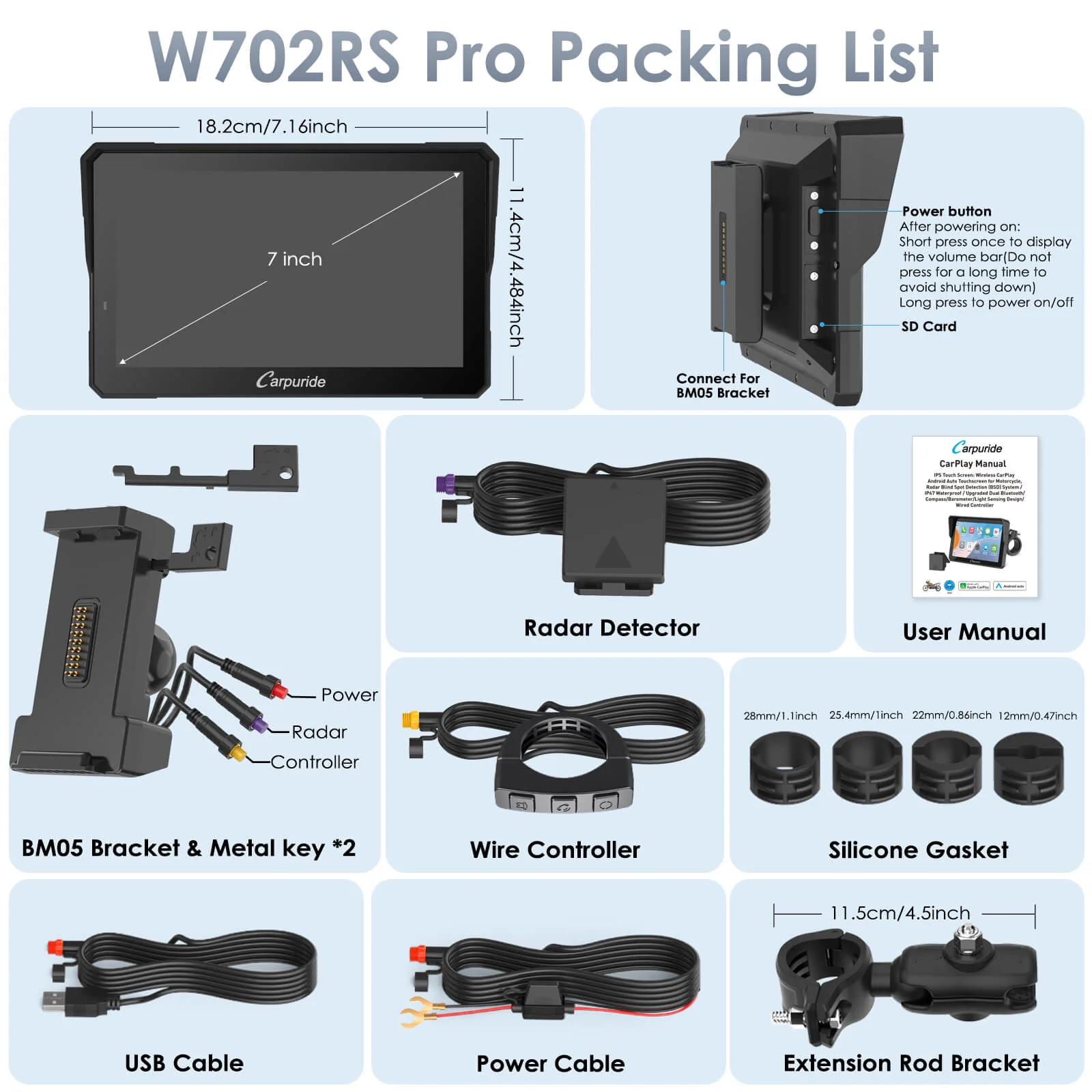 Carpuride 702RS Pro with Optional TPMS - Motorcycle CarPlay with Radar BSD & Plug-and-Play Bracket - Image 12