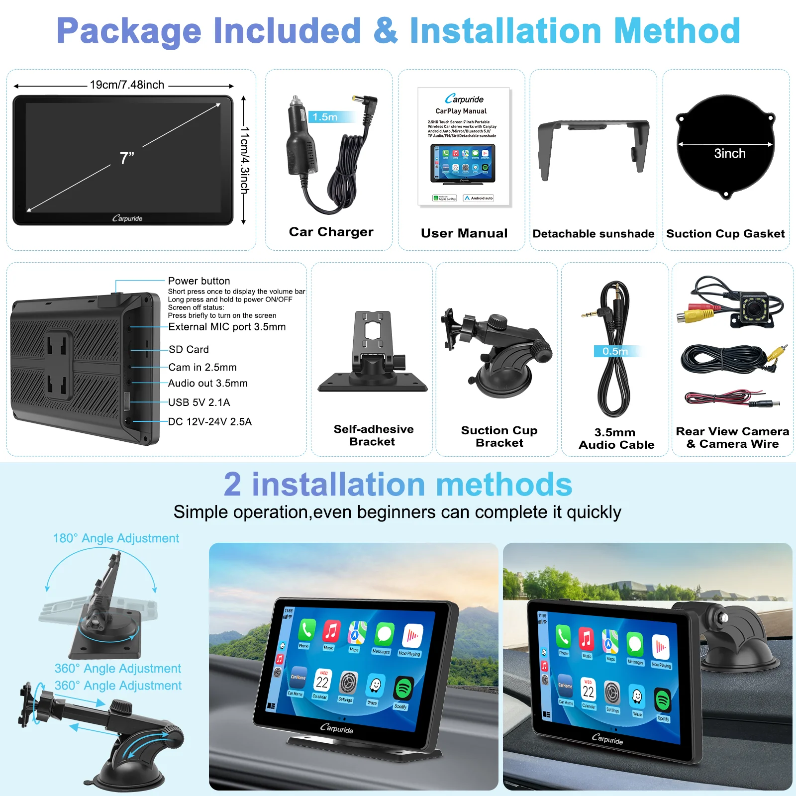 CARPURIDE C3 Portable Smart Multimedia Dashboard Console with Detachable Sunshade and Backup Camera - Image 9