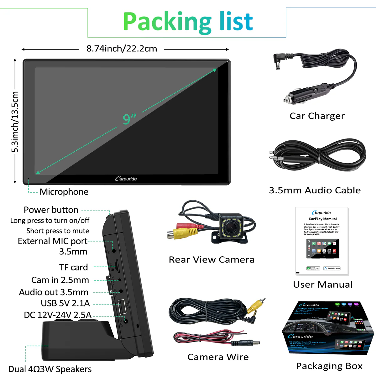 CARPURIDE Car Stereo with Wireless Apple CarPlay&Android Auto, Dual 4Ω3W speakers, 9" IPS Touchscreen Car Radio Receiver with Mirror Link/Bluetooth/Google/Siri/WiFi/GPS Navigation/Light-sensing/EQ effect,Backup Camera - Image 10