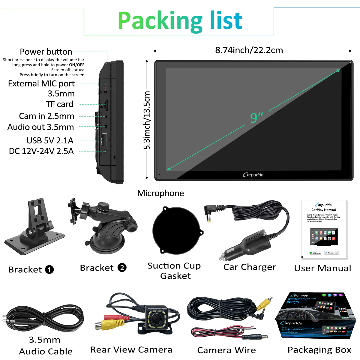 CARPURIDE Car Stereo with Wireless Apple CarPlay&Android Auto, 9" IPS Touch Screen, Multimedia Player & Bluetooth 5.0 Audio Hands Free Calling, GPS/Siri/Google/Mirror Link/Light-sensing/EQ effect with Backup Camera - Image 9