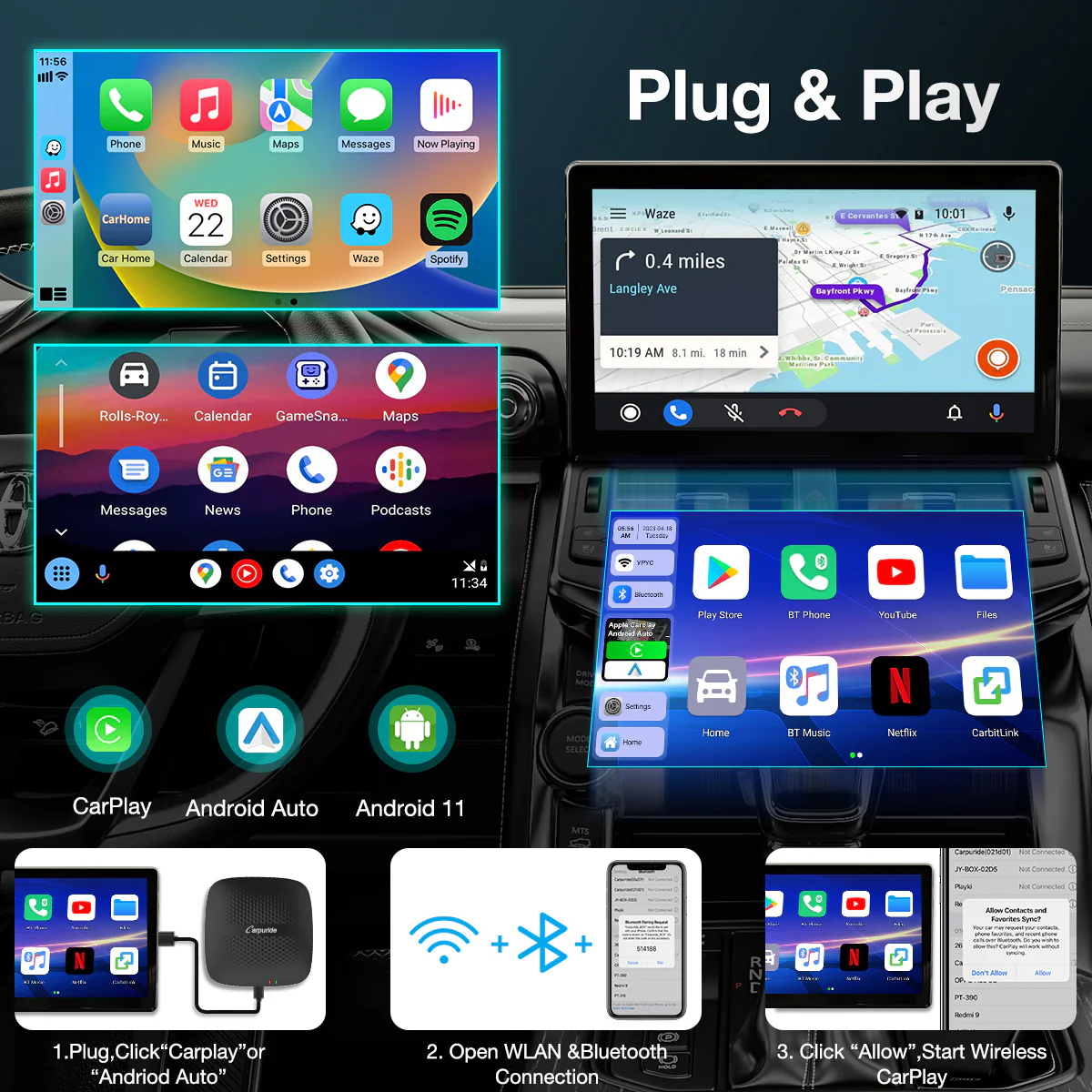 CARPURIDE H01 3 in 1 Android 11.0 Internet AI Box - Wireless Apple Carplay&Android Auto Adapter - Image 3