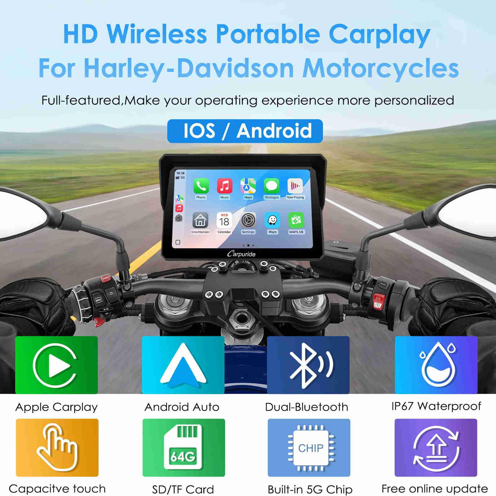 Carpuride W702H/W502H Harley-Compatible Stereo & Mount System - Image 5