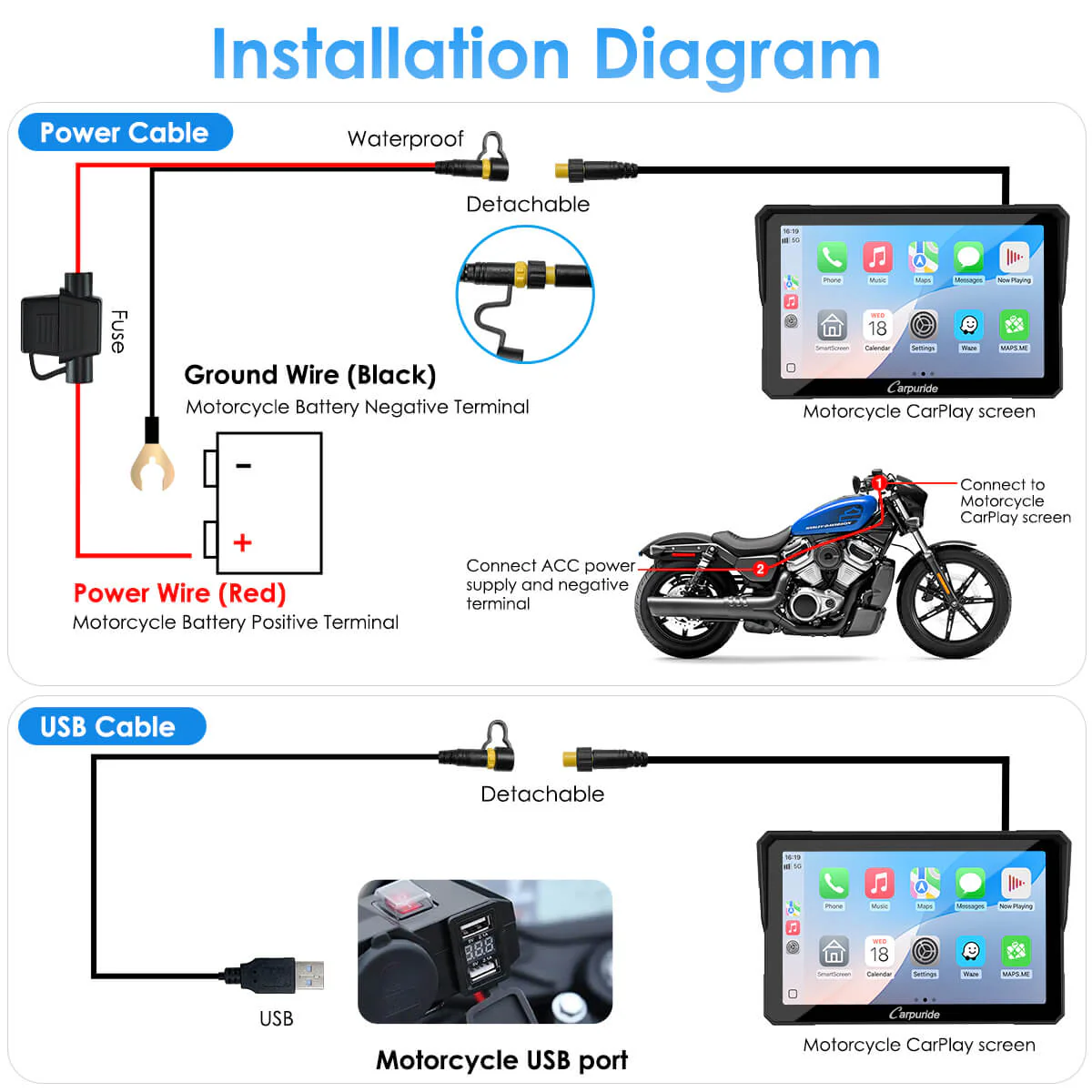 Carpuride W702H/W502H Harley-Compatible Stereo & Mount System - Image 9