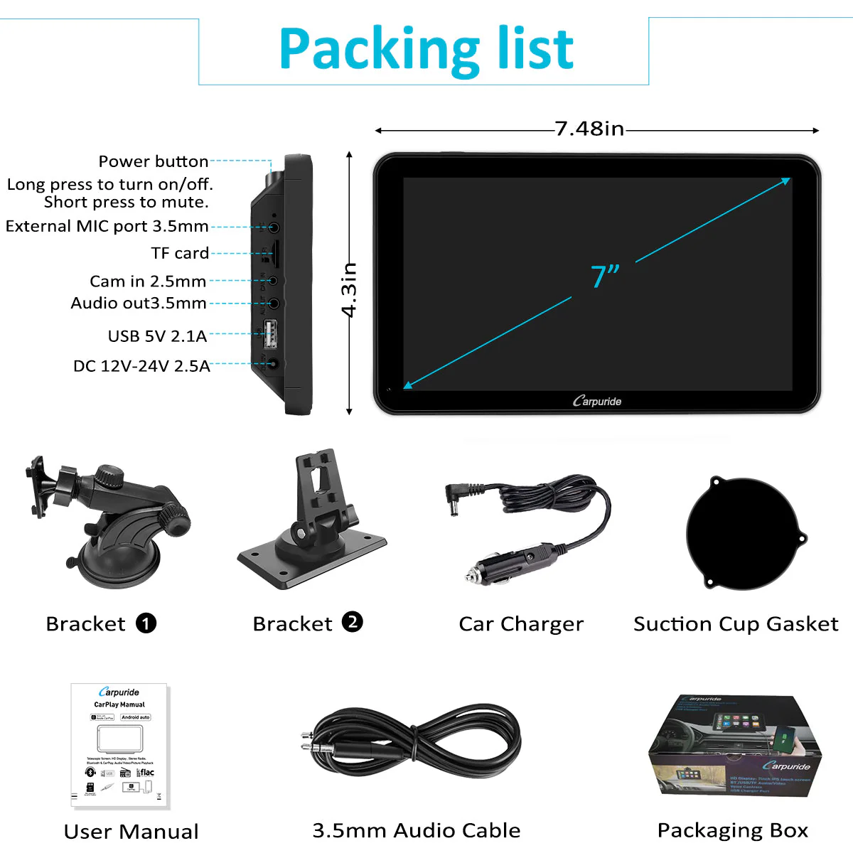 Carpuride Portable Wired CarPlay - Apple CarPlay/Android Auto /7"IPS Touch Screen/ Multimedia Bluetooth Navigation Dashboard Console - Image 9