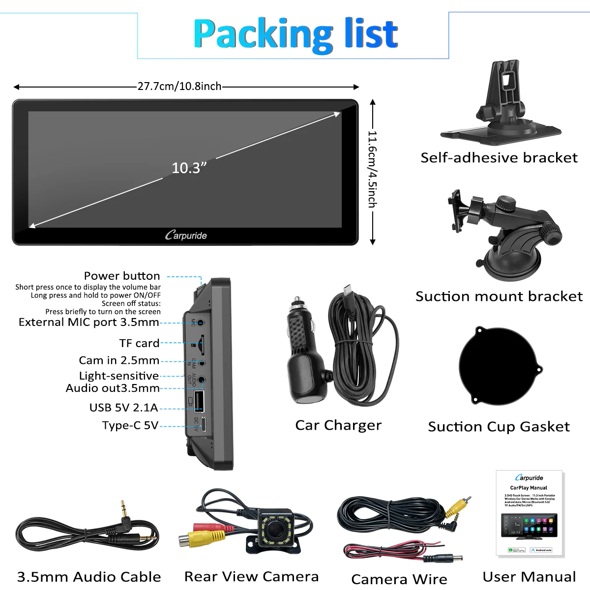 CARPURIDE W103 Pro Portable Smart Multimedia Dual Bluetooth Dashboard Console With Backup Camera - Image 11