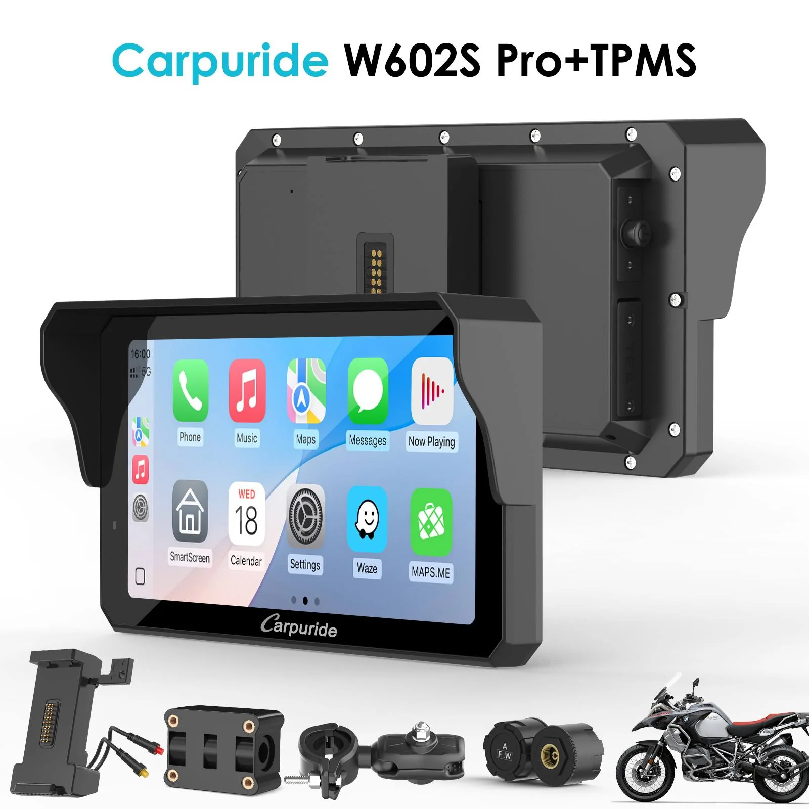 Carpuride W602S Pro with Optional TPMS | 6-Inch Motorcycle CarPlay  | Plug-and-Play BM05 Bracket with Type-C Port - Image 14
