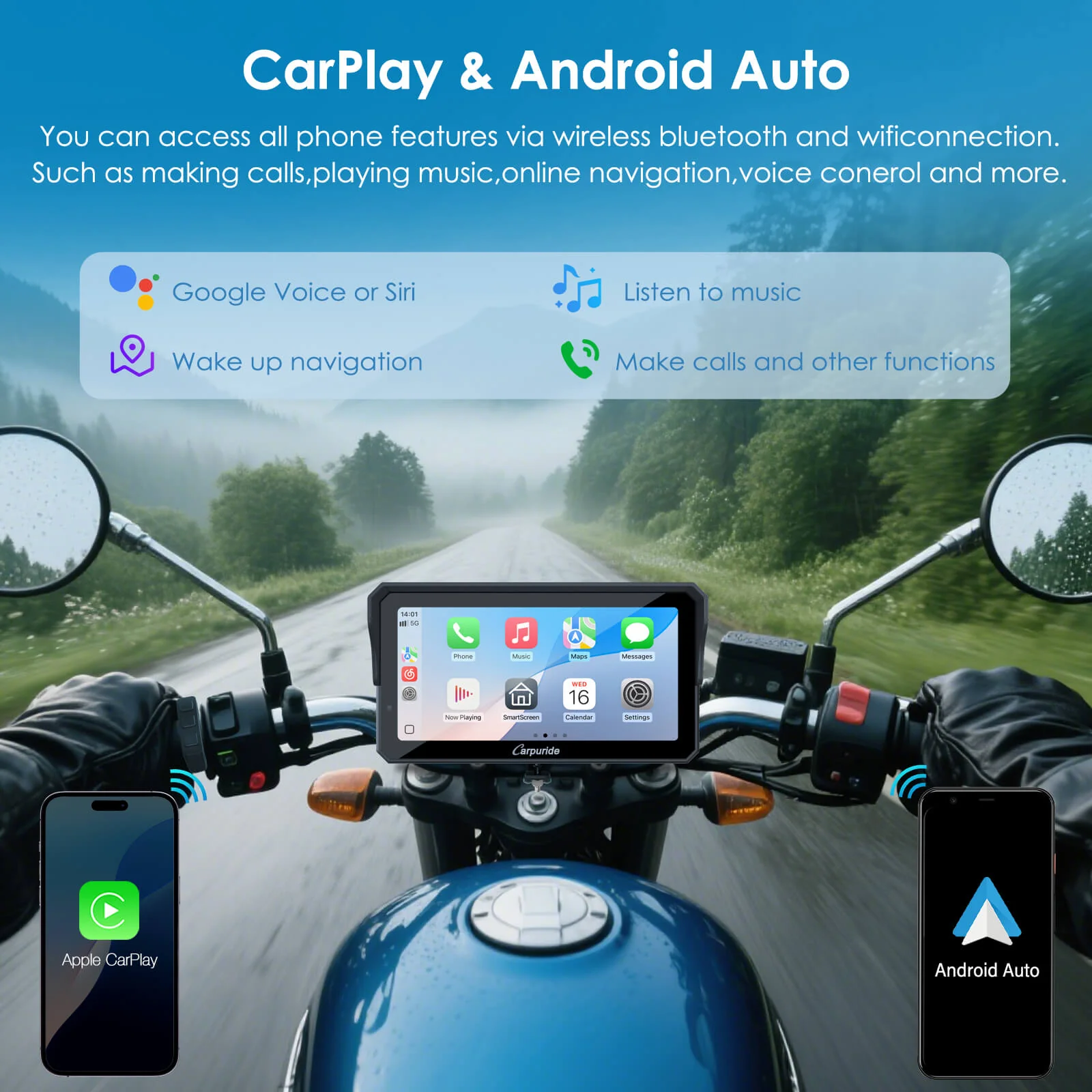 Carpuride W602S Pro with Optional TPMS | 6-Inch Motorcycle CarPlay  | Plug-and-Play BM05 Bracket with Type-C Port - Image 3