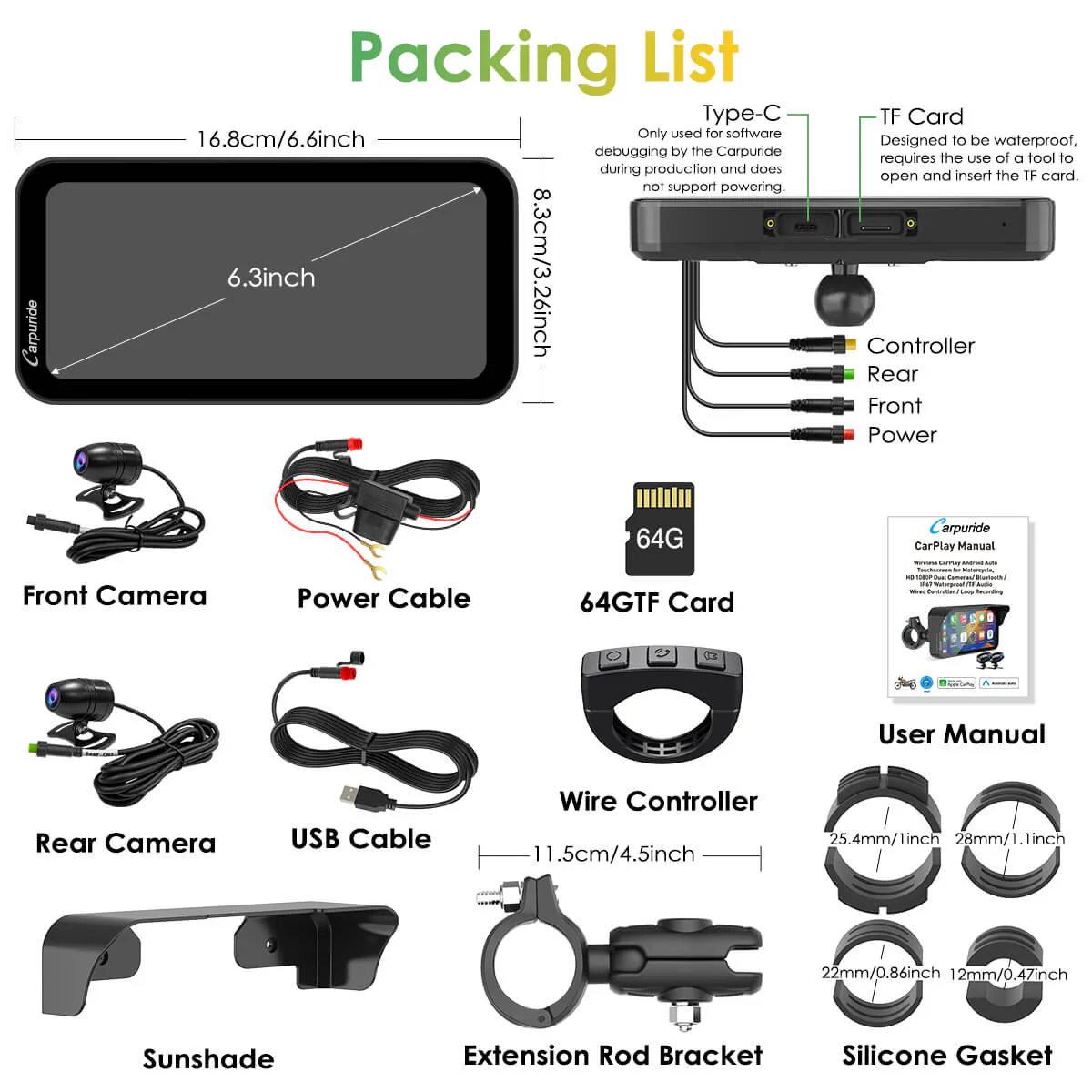Carpuride W603D with TPMS Option | Wireless Portable Motorcycle Stereo with HD Dual Cameras - Image 11