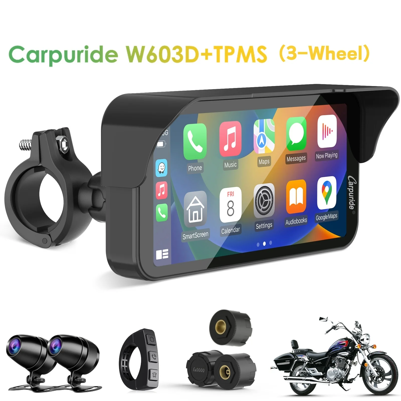 Carpuride W603D with TPMS Option | Wireless Portable Motorcycle Stereo with HD Dual Cameras - Image 14