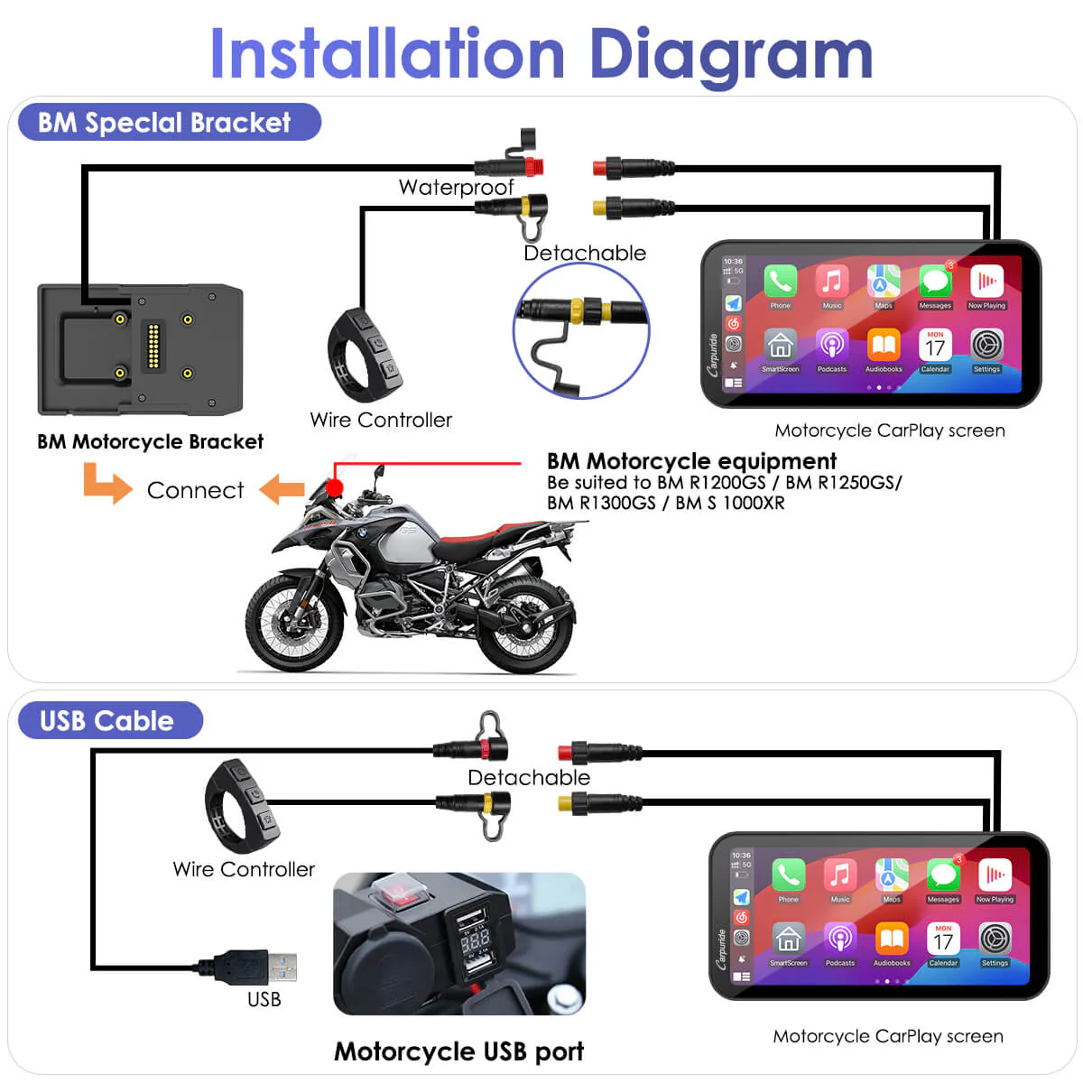 Carpuride W603B Wireless Portable Motorcycle Stereo Compatible Navigation Bracket - Image 11