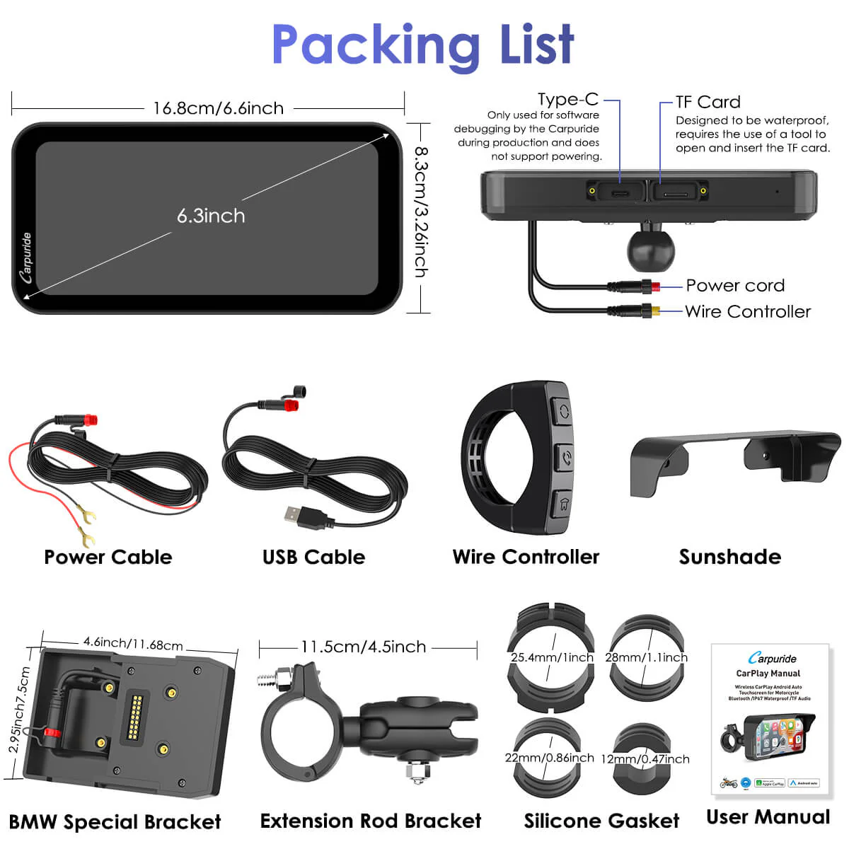 Carpuride W603B Wireless Portable Motorcycle Stereo Compatible Navigation Bracket - Image 12
