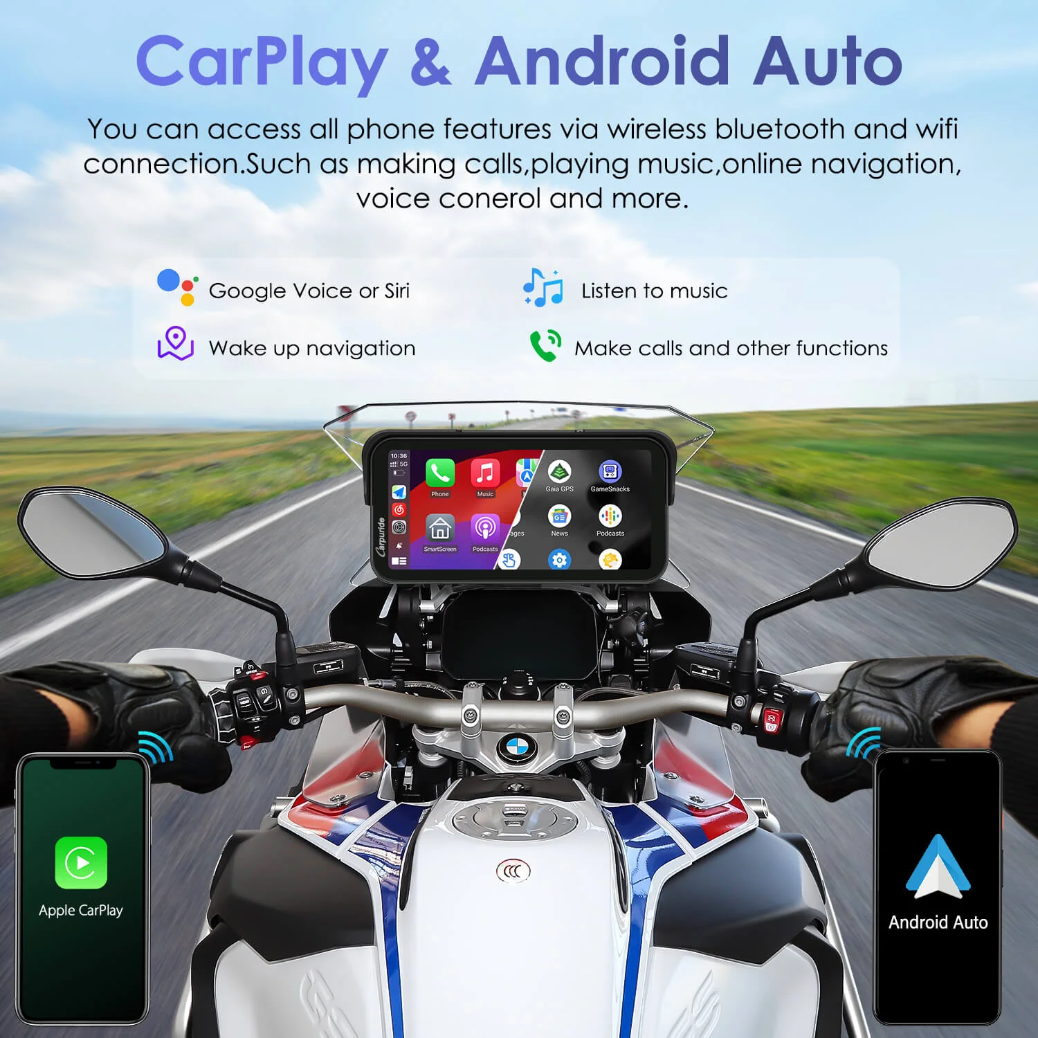 Carpuride W603B Wireless Portable Motorcycle Stereo Compatible Navigation Bracket - Image 3