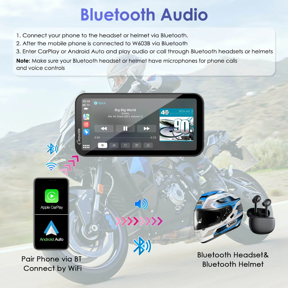 Carpuride W603B Wireless Portable Motorcycle Stereo Compatible Navigation Bracket - Image 5