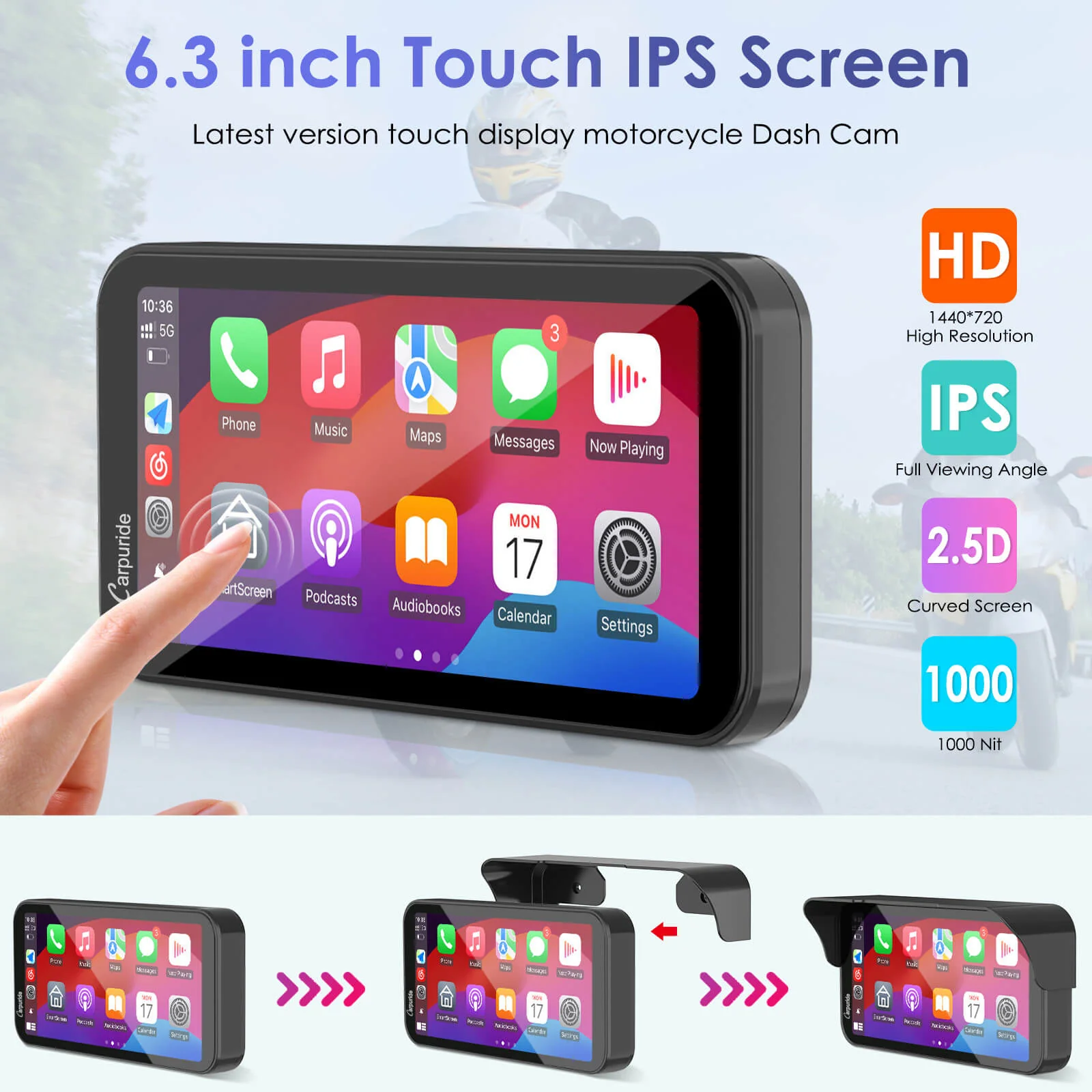 Carpuride W603B Wireless Portable Motorcycle Stereo Compatible Navigation Bracket - Image 8