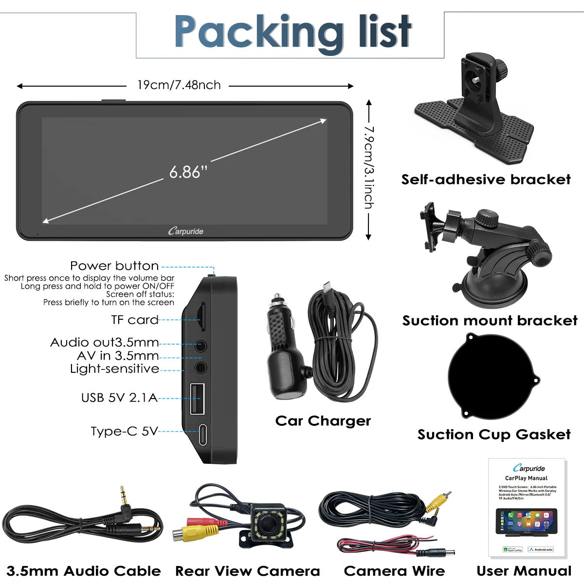 CARPURIDE W609 Portable Smart Multimedia Dashboard Console With Backup Camera - Image 12