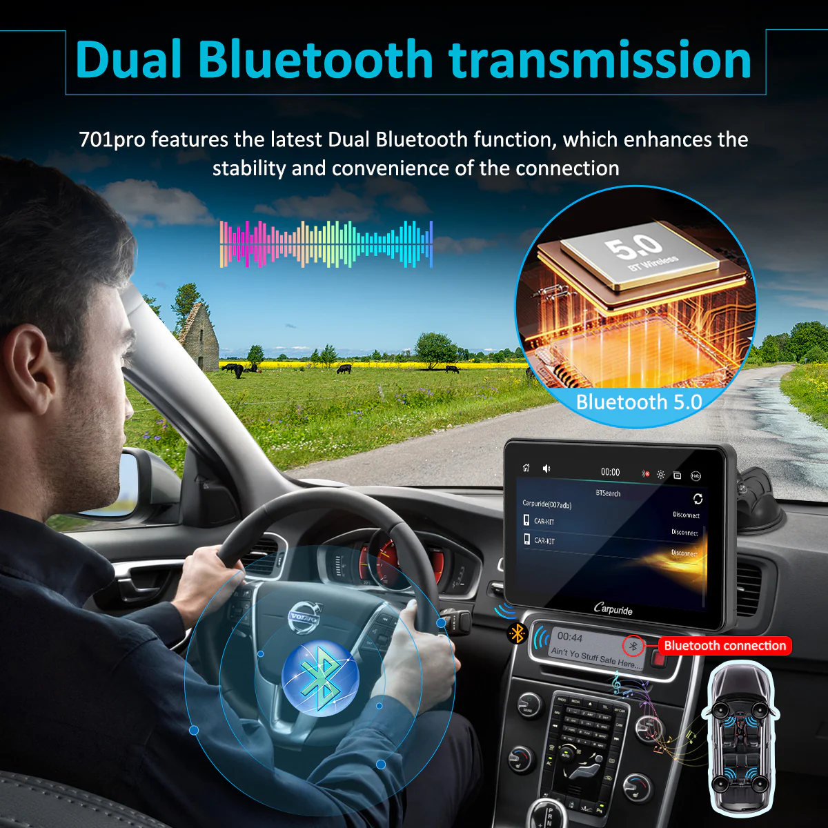 CARPURIDE W701 Pro Portable Smart Multimedia Dual Bluetooth Dashboard Console With Backup Camera - Image 2