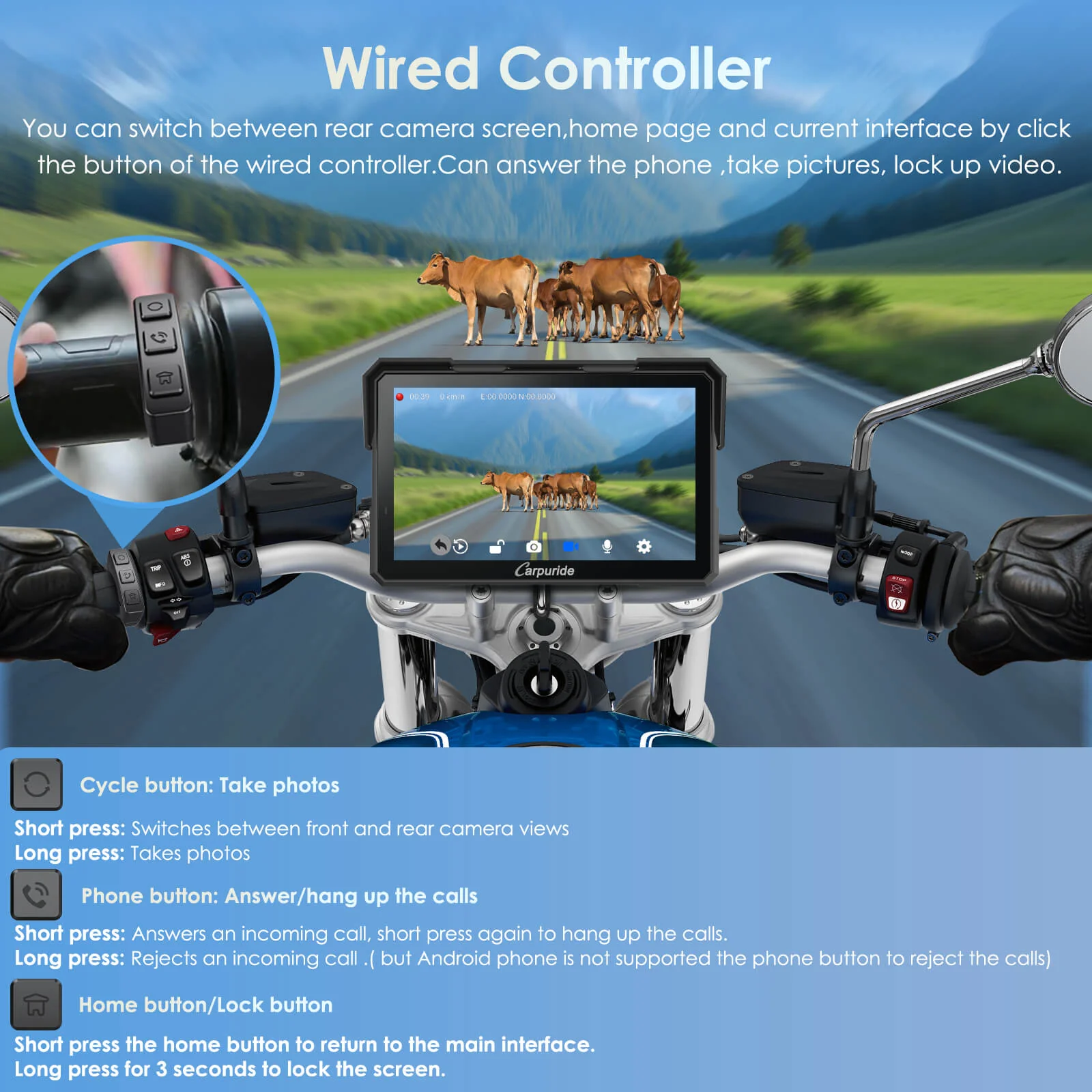 Carpuride W702 Plus Wireless Portable Motorcycle Stereo - Install Apps, Built-in GPS & Dual Cameras - Image 10