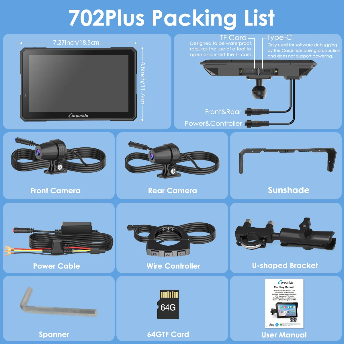 Carpuride W702 Plus Wireless Portable Motorcycle Stereo - Install Apps, Built-in GPS & Dual Cameras - Image 12