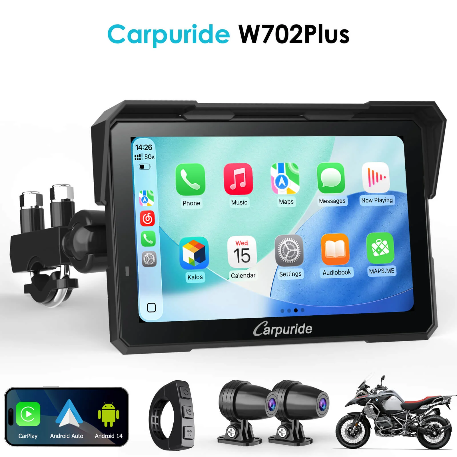 Carpuride W702 Plus Wireless Portable Motorcycle Stereo - Install Apps, Built-in GPS & Dual Cameras - Image 13
