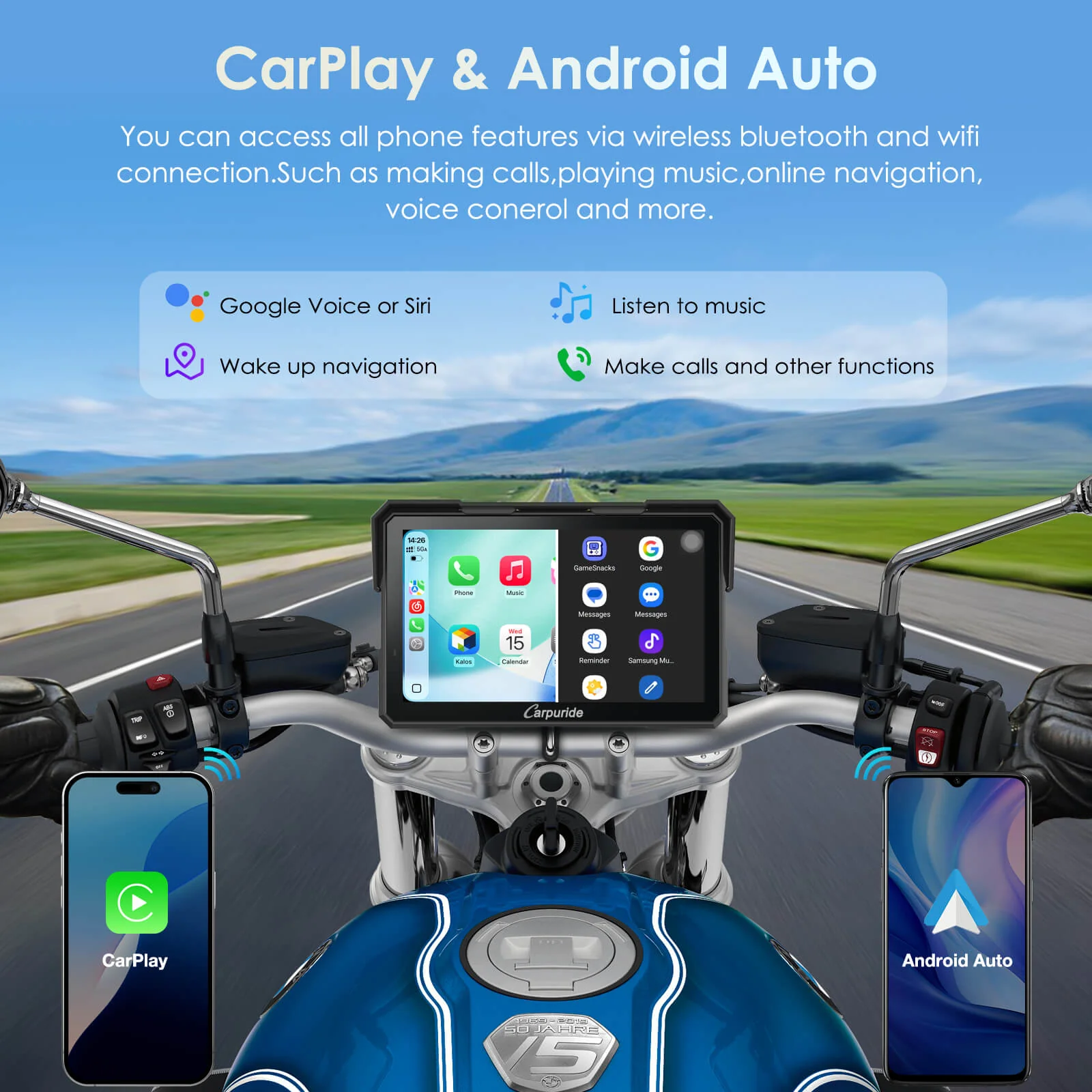 Carpuride W702 Plus Wireless Portable Motorcycle Stereo - Install Apps, Built-in GPS & Dual Cameras - Image 5