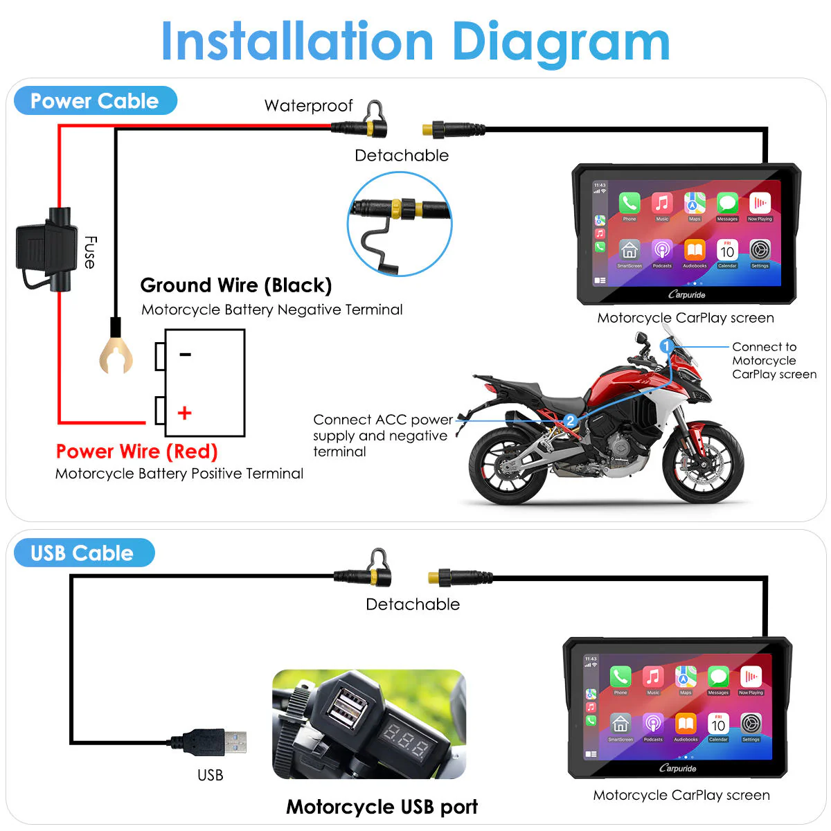 Carpuride W502 Pro / W702 Pro Wireless Motorcycle Stereo with Optional TPMS | Dual Bluetooth Intercom, Compass & Barometer - Image 11