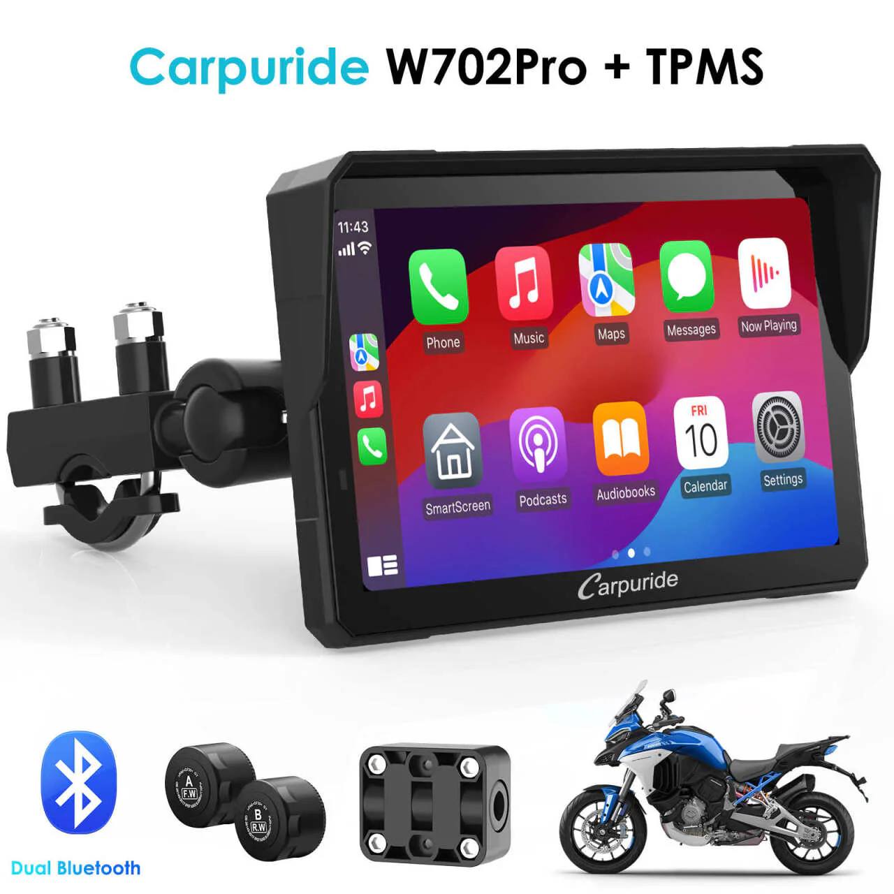 Carpuride W502 Pro / W702 Pro Wireless Motorcycle Stereo with Optional TPMS | Dual Bluetooth Intercom, Compass & Barometer - Image 13