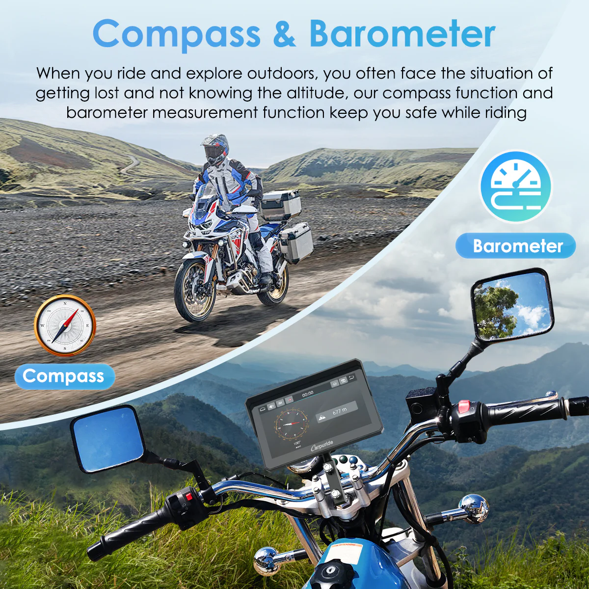 Carpuride W502 Pro / W702 Pro Wireless Motorcycle Stereo with Optional TPMS | Dual Bluetooth Intercom, Compass & Barometer - Image 7
