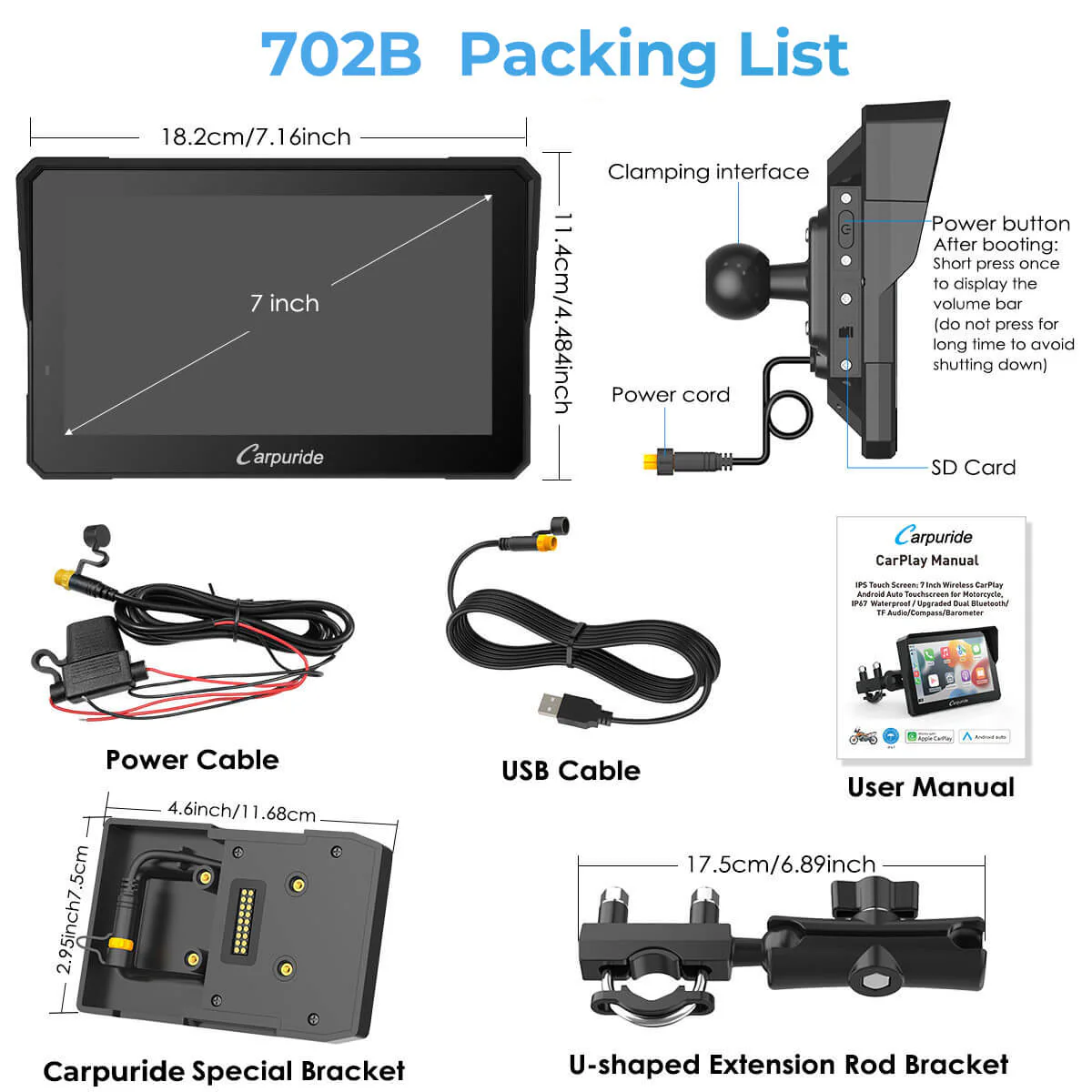 Carpuride W702B/W502B Wireless Portable Motorcycle Stereo Compatible Navigation Bracket - Image 11