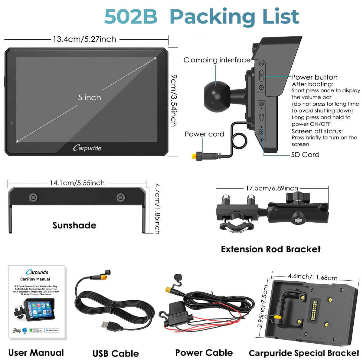 Carpuride W702B/W502B Wireless Portable Motorcycle Stereo Compatible Navigation Bracket - Image 12