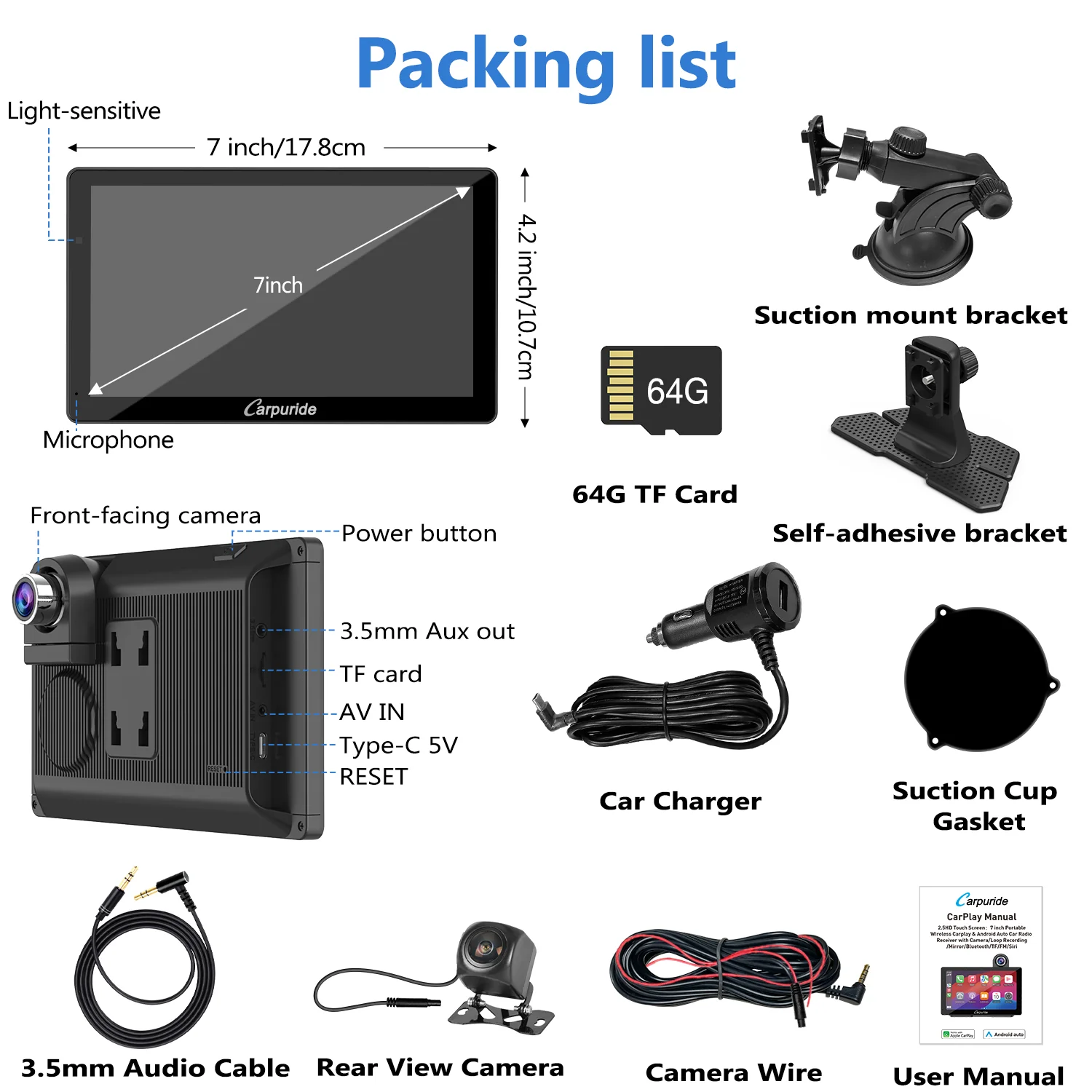 CARPURIDE W703 Portable Smart Multimedia Car Stereo with Dual Cameras and DVR Function - Image 14