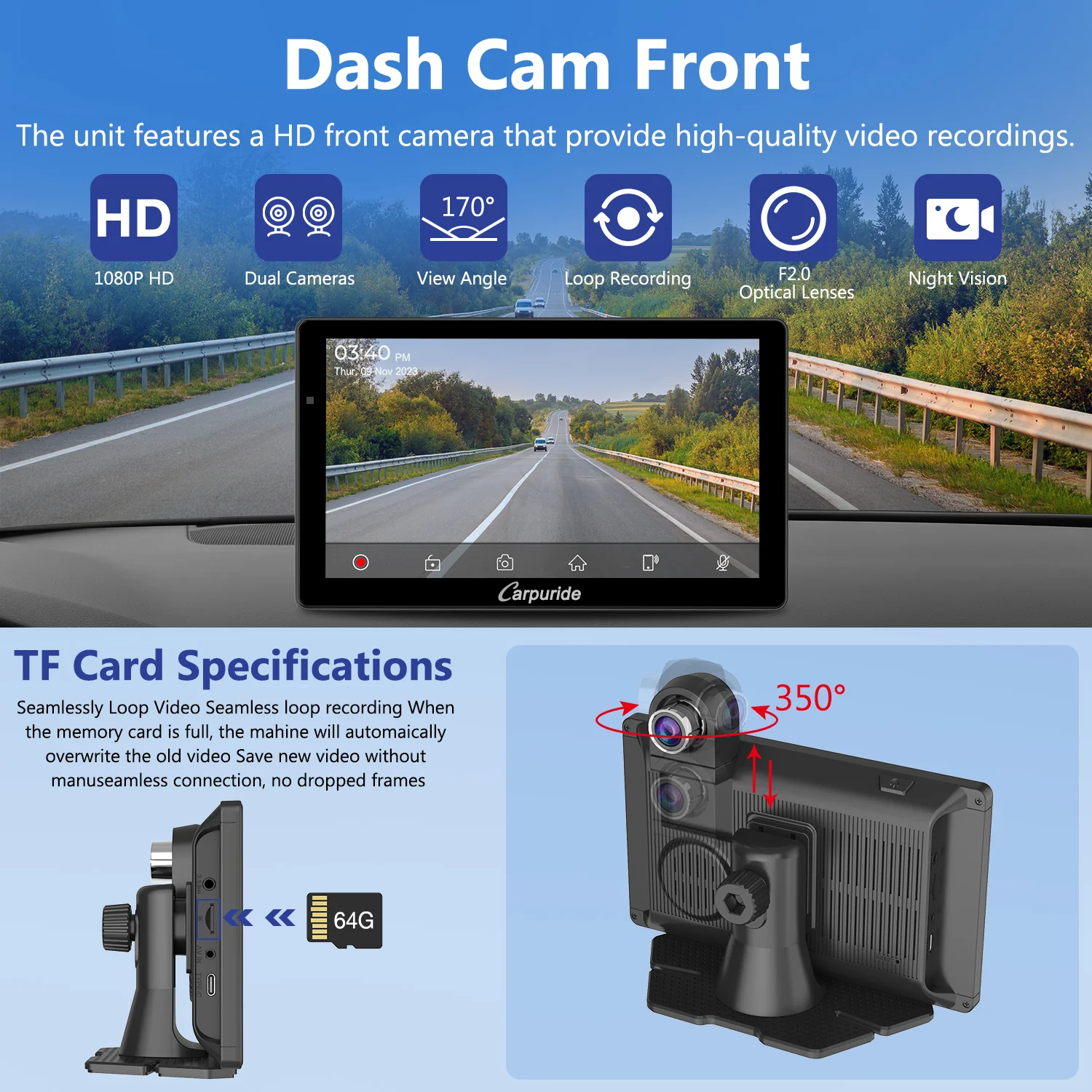 CARPURIDE W703 Portable Smart Multimedia Car Stereo with Dual Cameras and DVR Function - Image 4