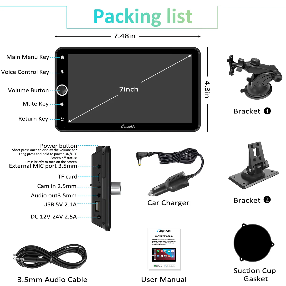 CARPURIDE W706 Multifunctional Portable Navigation, Car Stereo with Carplay and Android Auto, 7" IPS Touch Screen, Google, and Siri Assistant - Image 9
