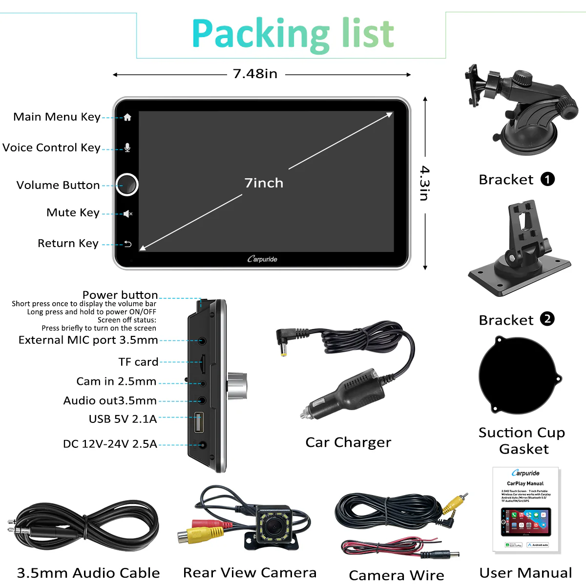 CARPURIDE W706 Wireless Portable Car Stereo Silver Frame with Backup Camera - Image 9