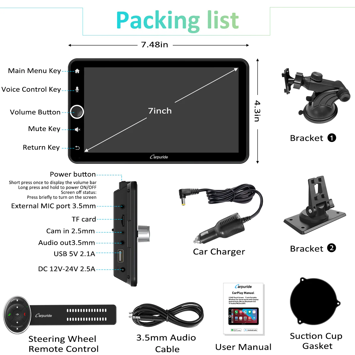 CARPURIDE W706 Wireless Portable Car Stereo with Steering Wheel Control - Image 9