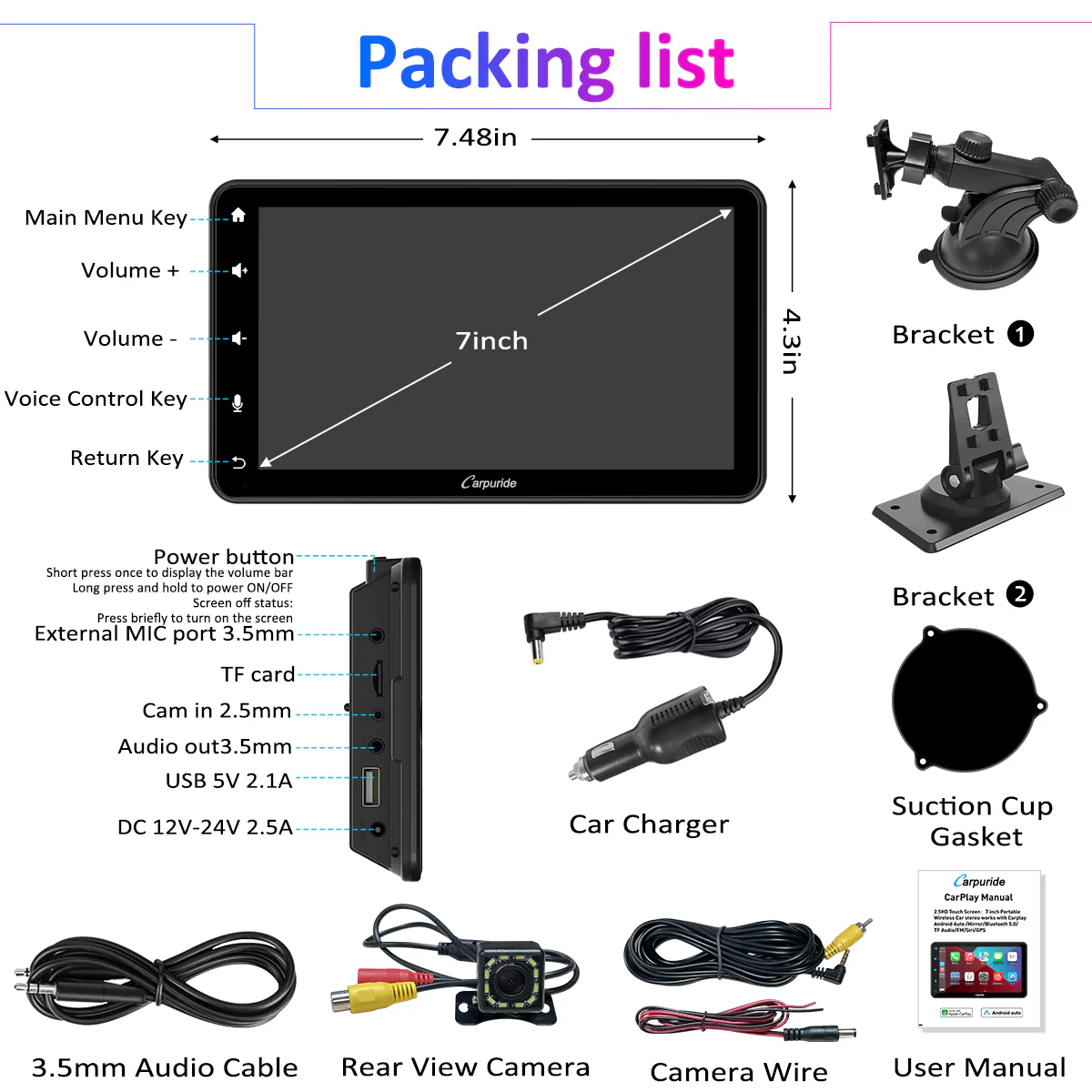 CARPURIDE W707 Wireless Portable Car Stereo with Backup Camera - Image 9