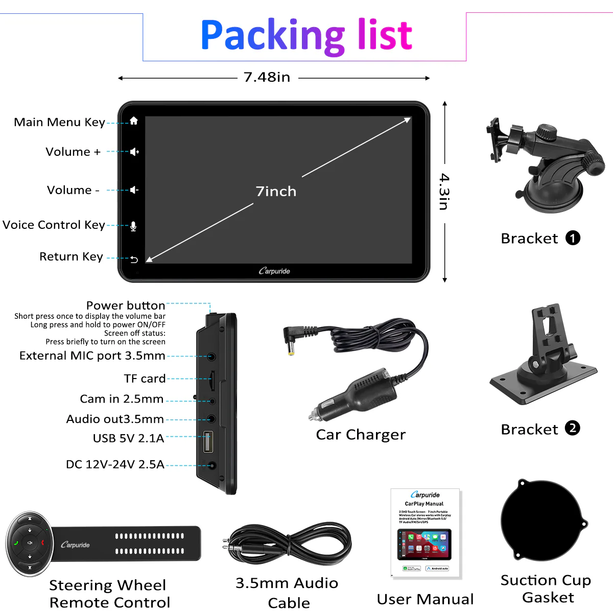 CARPURIDE W707 Wireless Portable Car Stereo  with Steering Wheel Control - Image 9