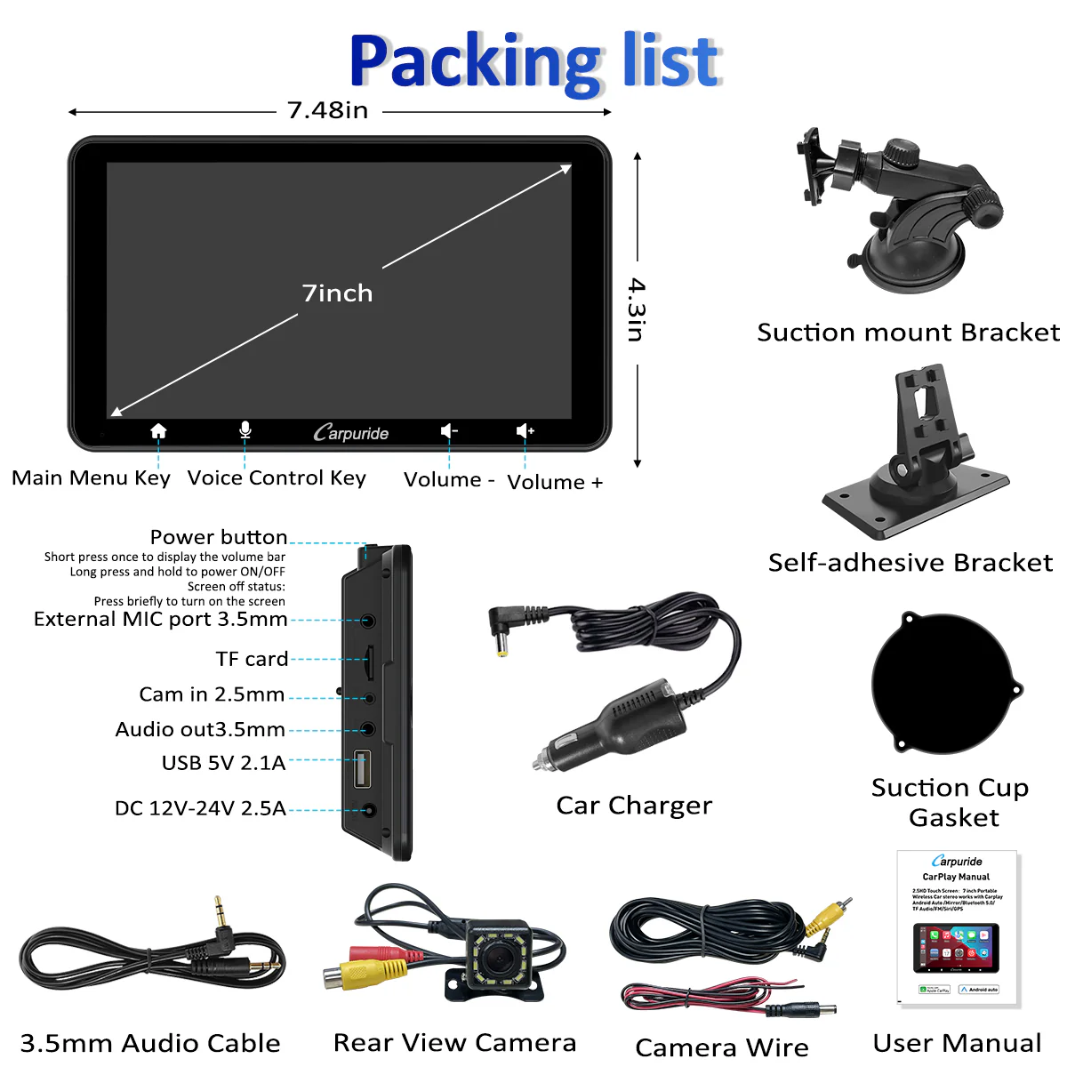 CARPURIDE W708 Pro Portable Smart Multimedia Dual Bluetooth Dashboard Console With Backup Camera - Image 12