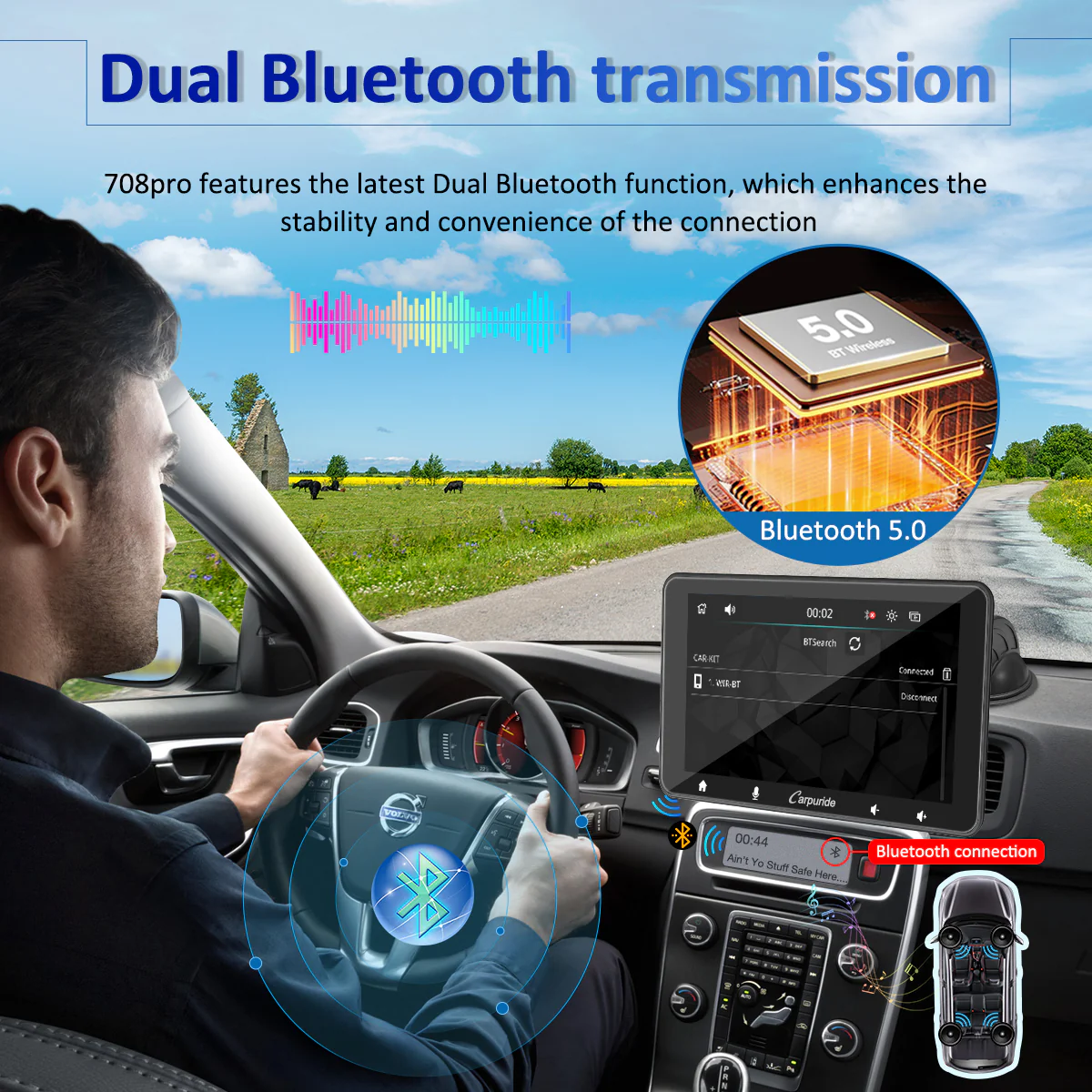 CARPURIDE W708 Pro Portable Smart Multimedia Dual Bluetooth Dashboard Console With Backup Camera - Image 5