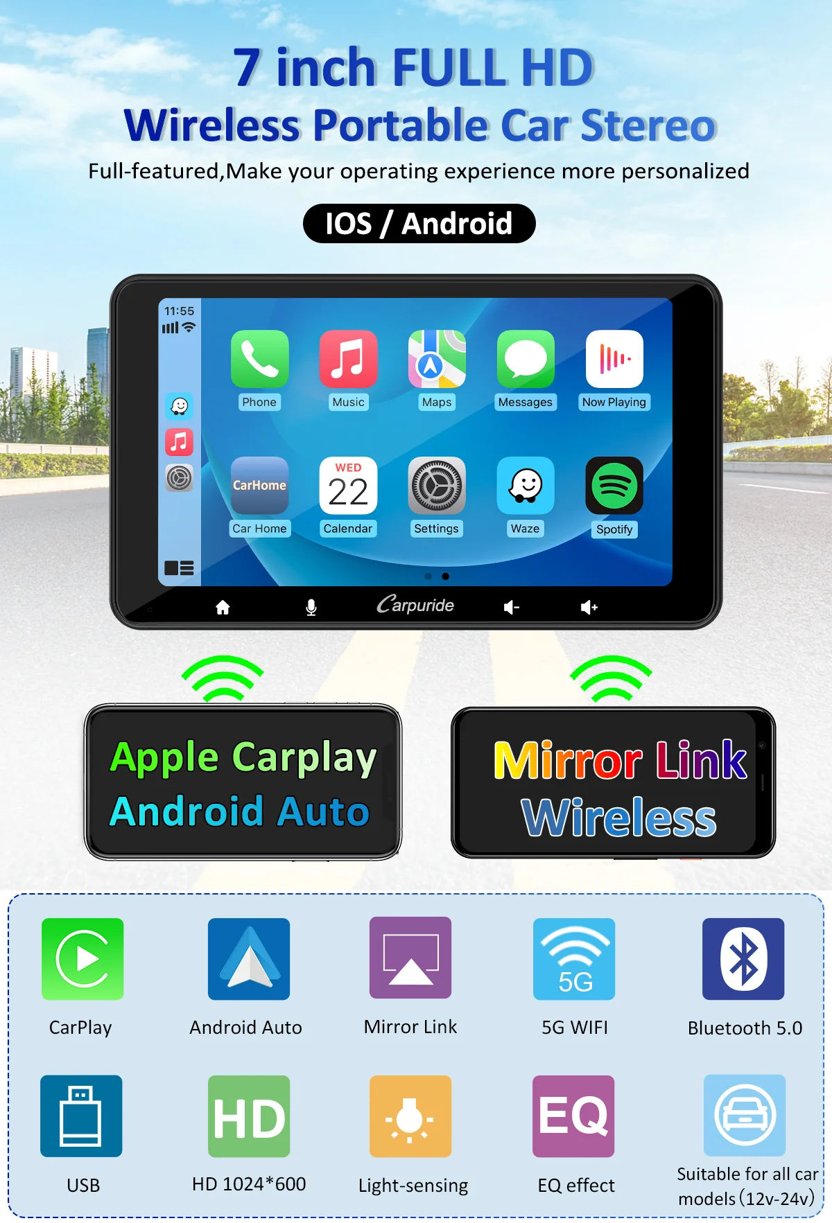 CARPURIDE W708 Wireless Portable Car Stereo with Backup Camera - Image 2