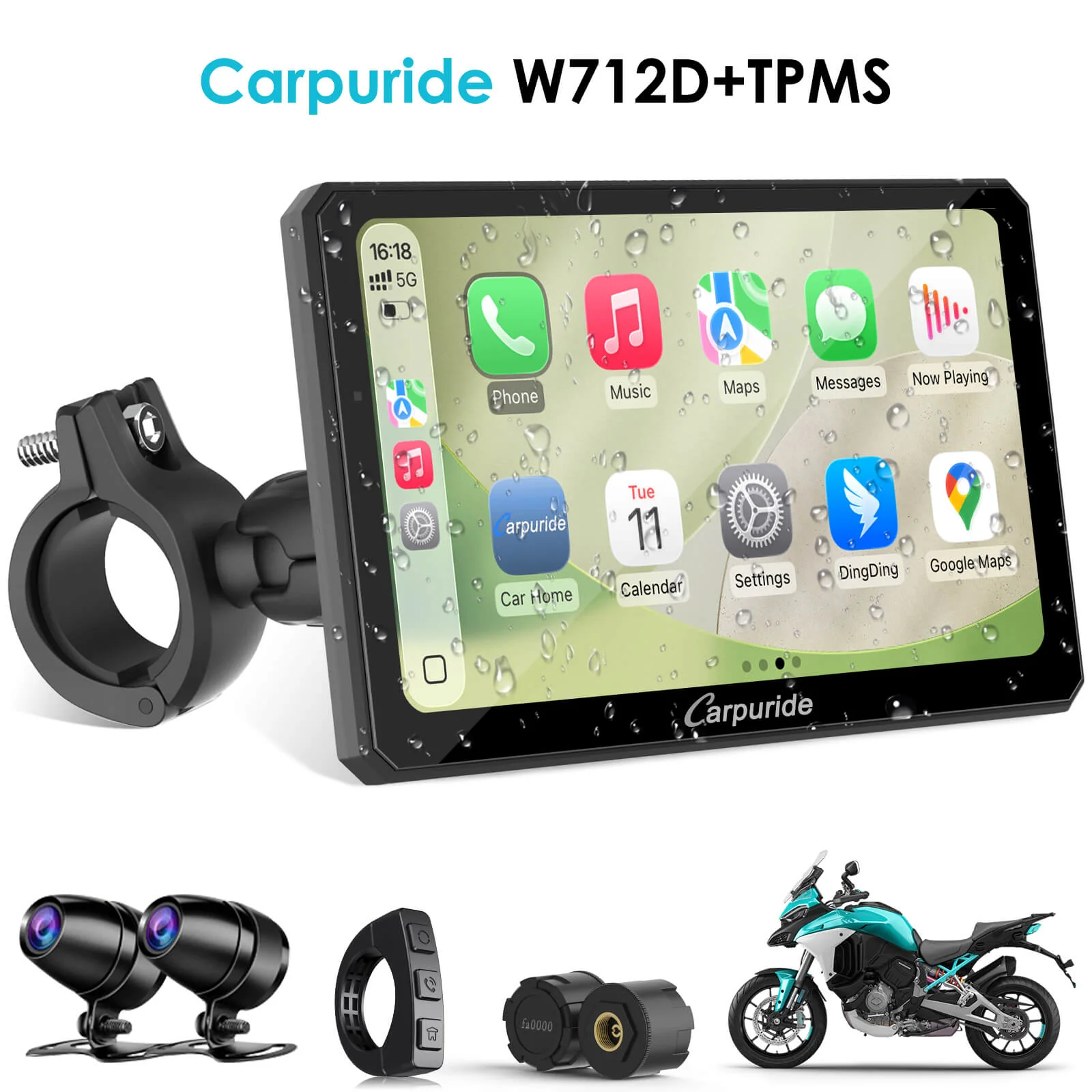 Carpuride W712D with TPMS Option | Rotatable Motorcycle Stereo with GPS Navigation & Dash Cam - Image 14