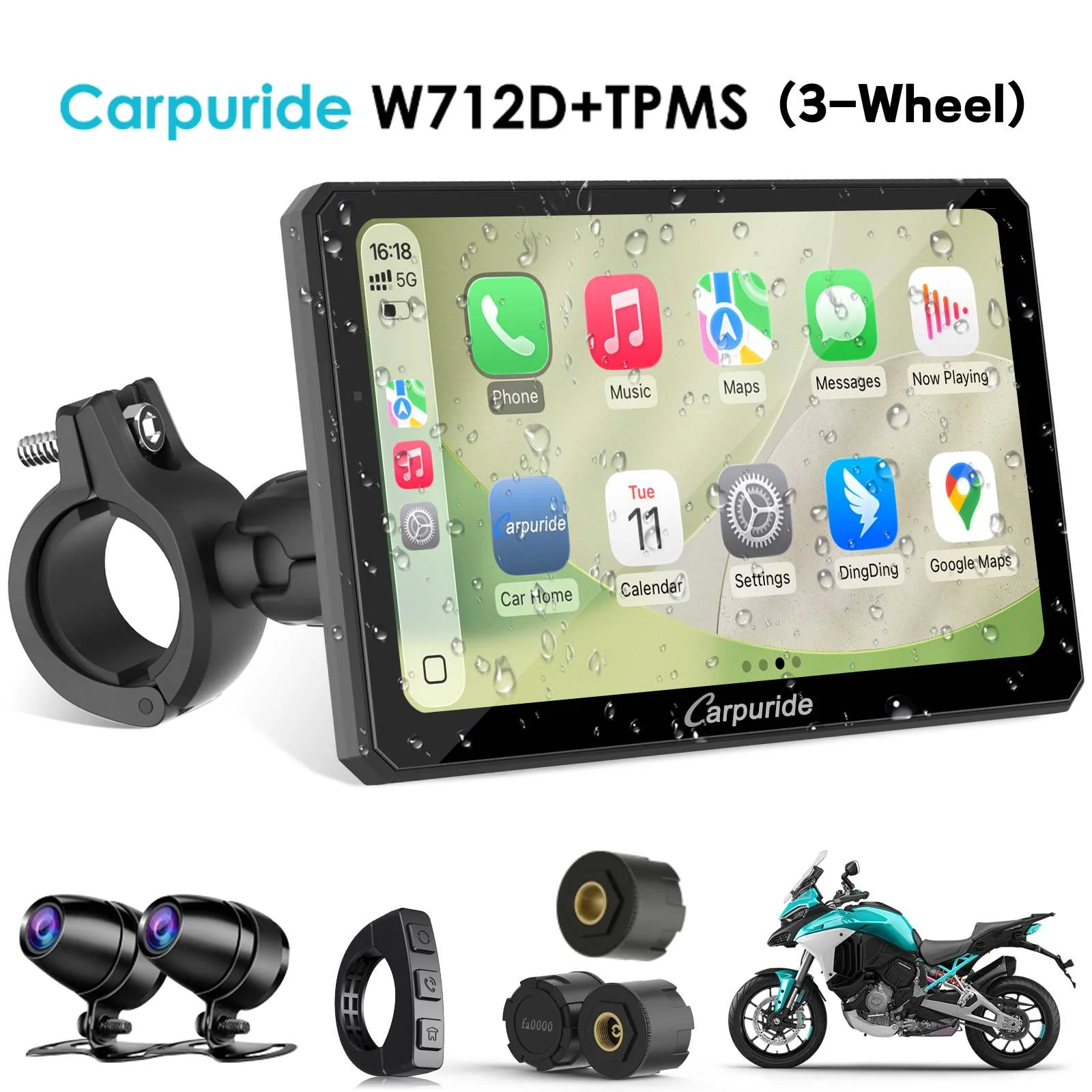 Carpuride W712D with TPMS Option | Rotatable Motorcycle Stereo with GPS Navigation & Dash Cam - Image 15