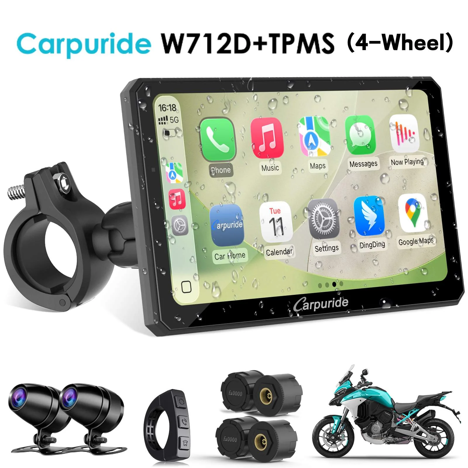 Carpuride W712D with TPMS Option | Rotatable Motorcycle Stereo with GPS Navigation & Dash Cam - Image 16