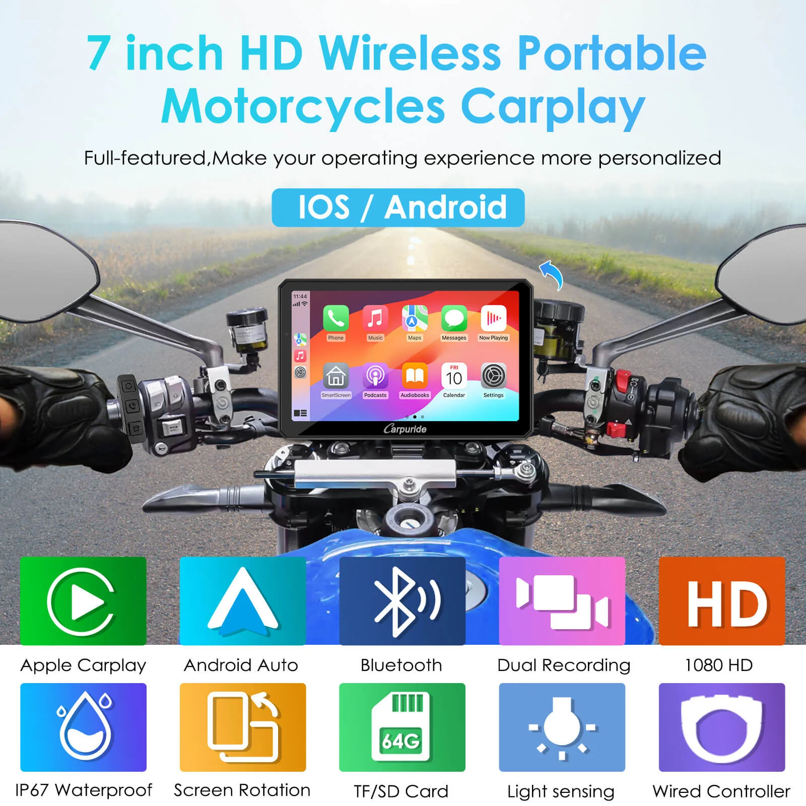 Carpuride W712D with TPMS Option | Rotatable Motorcycle Stereo with GPS Navigation & Dash Cam - Image 3