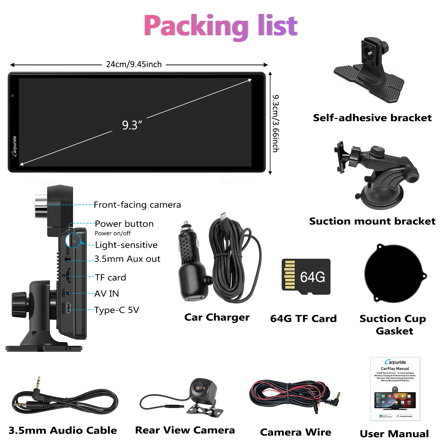 CARPURIDE W903 Portable Smart Multimedia Dashboard Console with Dual Cameras and DVR Function - Image 13