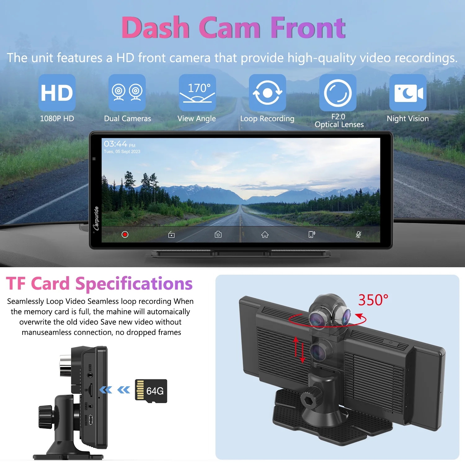 CARPURIDE W903 Portable Smart Multimedia Dashboard Console with Dual Cameras and DVR Function - Image 9