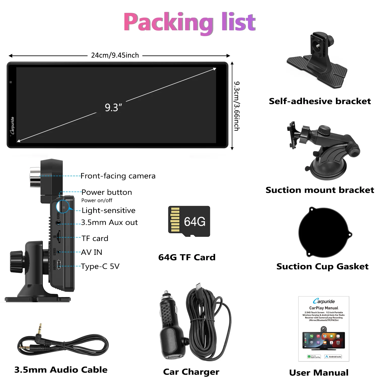 CARPURIDE W903 Portable Smart Multimedia Dashboard Console with Front Camera and DVR Function - Image 11