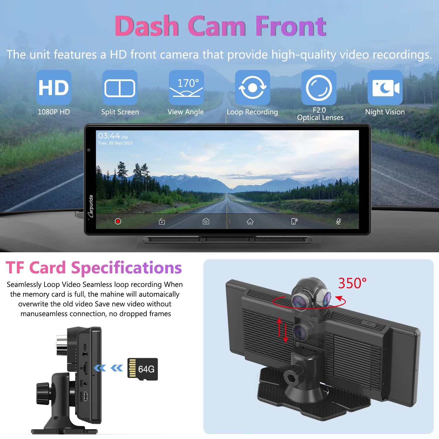 CARPURIDE W903 Portable Smart Multimedia Dashboard Console with Front Camera and DVR Function - Image 5