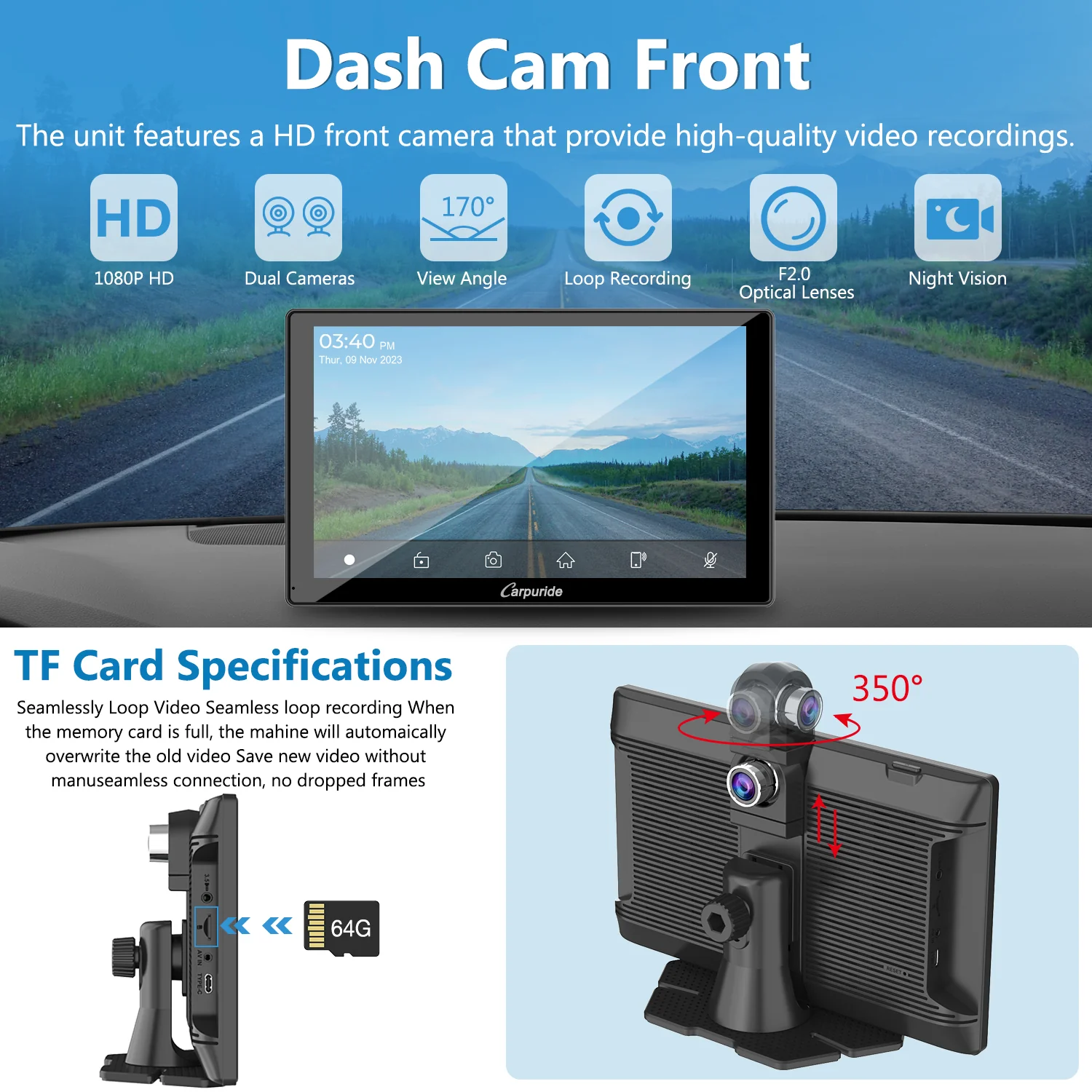 CARPURIDE W905 Portable Smart Multimedia Car Stereo with Dual Cameras and DVR Function - Image 4