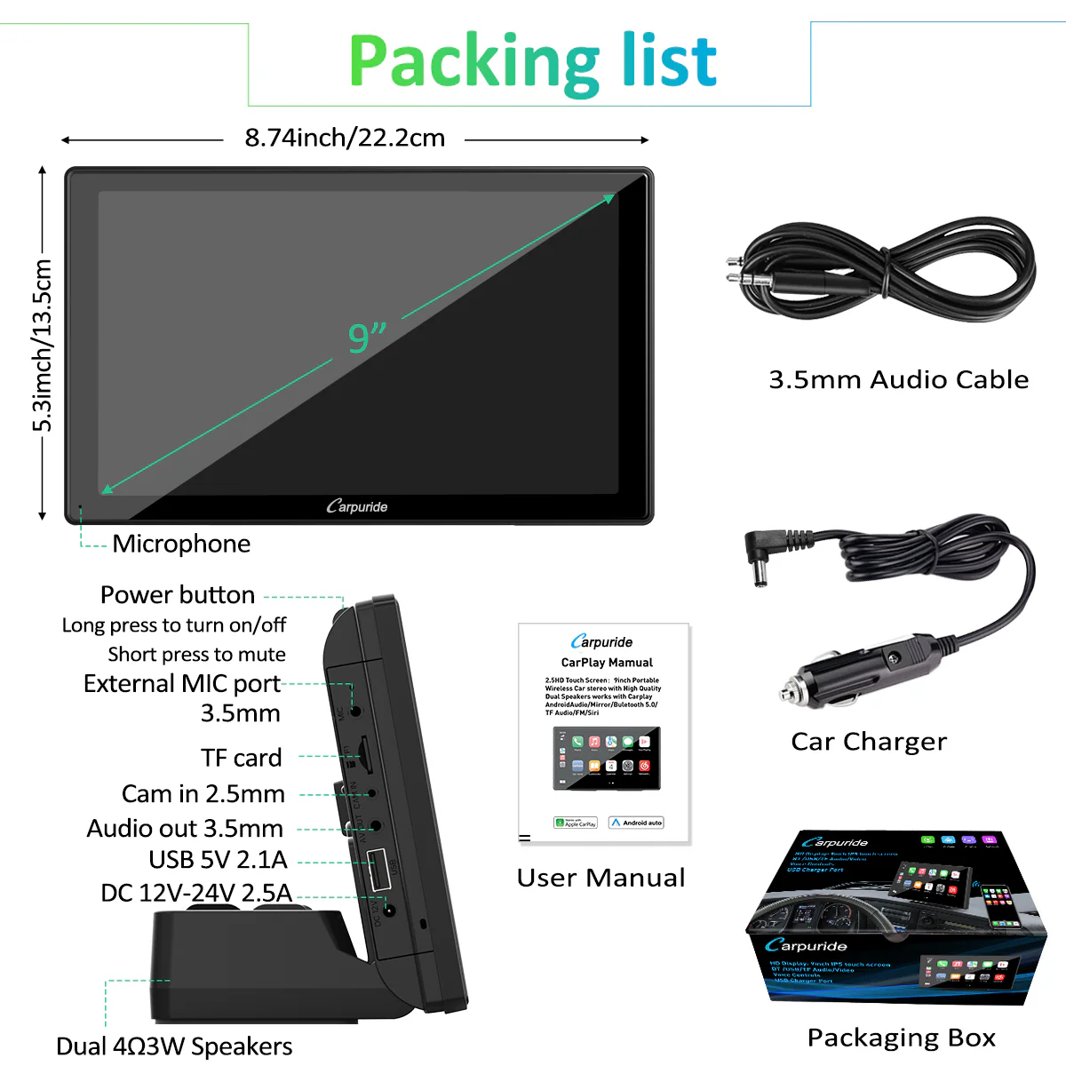 CARPURIDE Wireless Portable Car Stereo with Light-Sensitive,Dual 4Ω3W speakers, 9 Inch IPS Touchscreen Car Radio Receiver Works with Carplay/Android Auto/Mirror Link/Bluetooth/Google/Siri/WiFi/GPS Navigation - Image 9